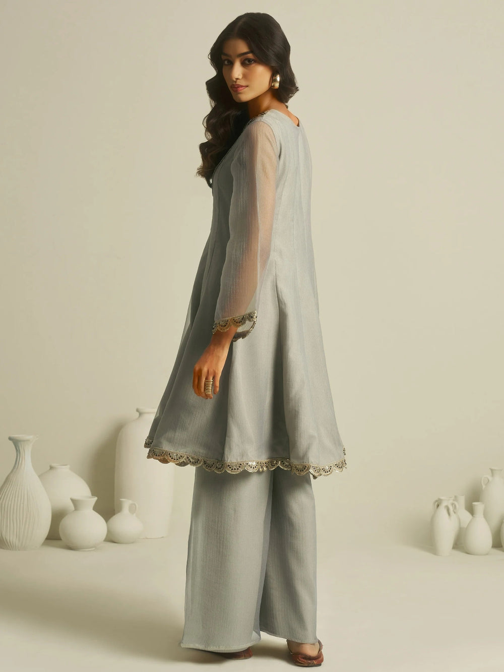 Grey Handwork Tissue Festive Wear Palazzo With Peplum Top