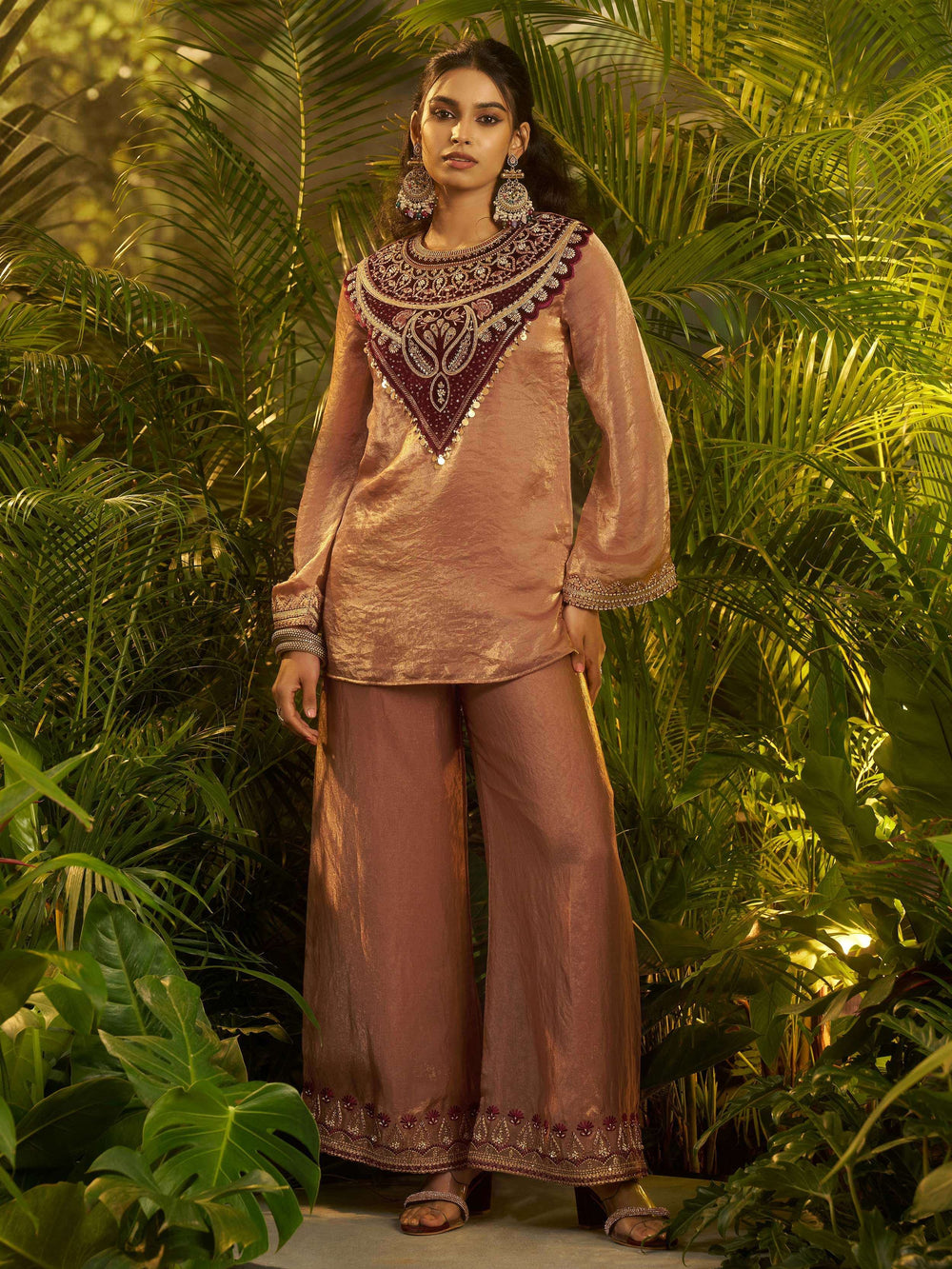 Brown Patch Work Organza Festive Wear Co-Ord Set