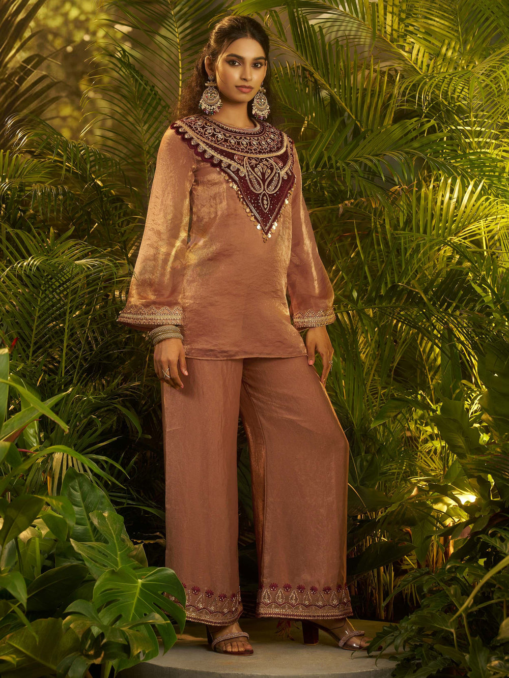 Brown Patch Work Organza Festive Wear Co-Ord Set