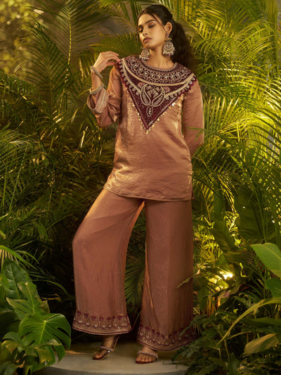Brown Patch Work Organza Festive Wear Co-Ord Set