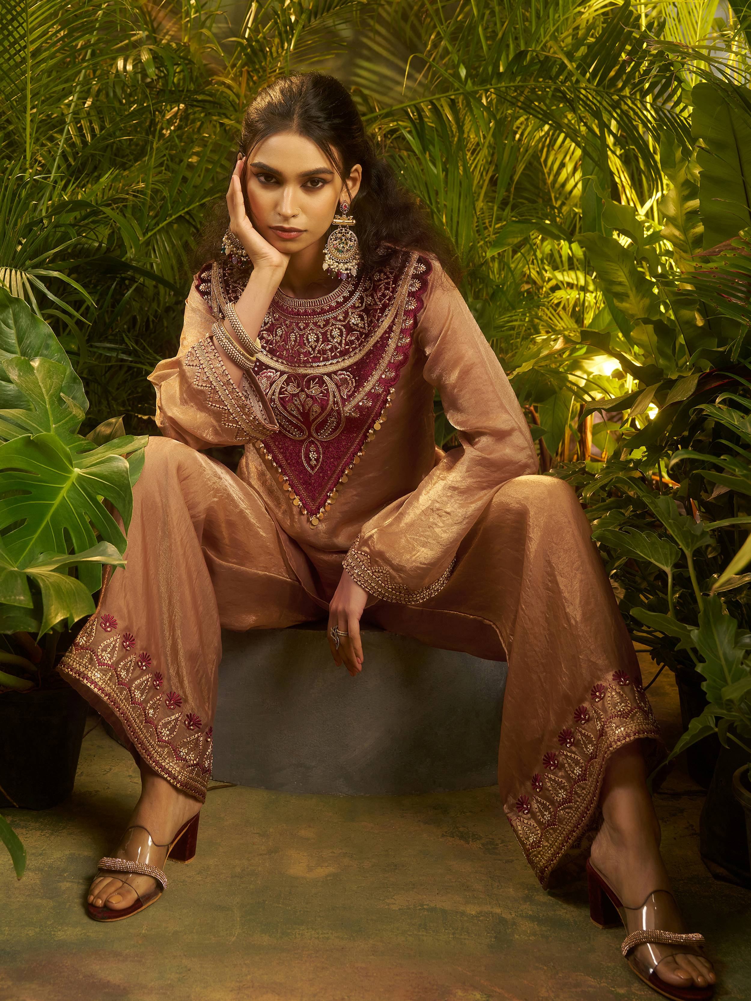 Brown Patch Work Organza Festive Wear Co-Ord Set