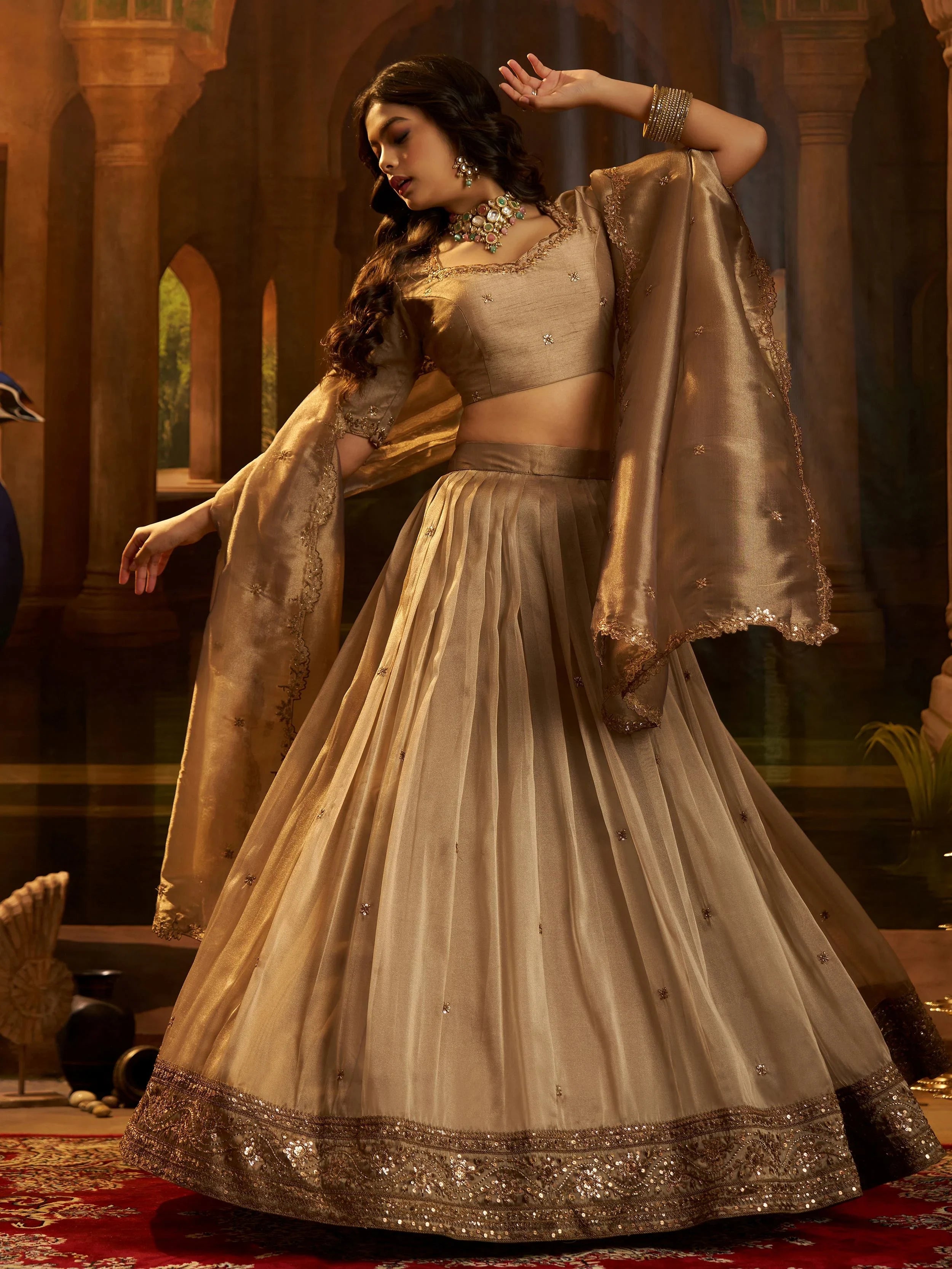 Brown Sequins Organza Wedding Wear Lehenga Choli for Women
