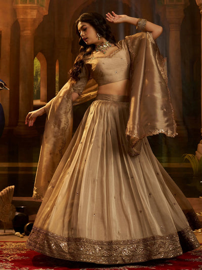 Brown Sequins Organza Wedding Wear Lehenga Choli for Women