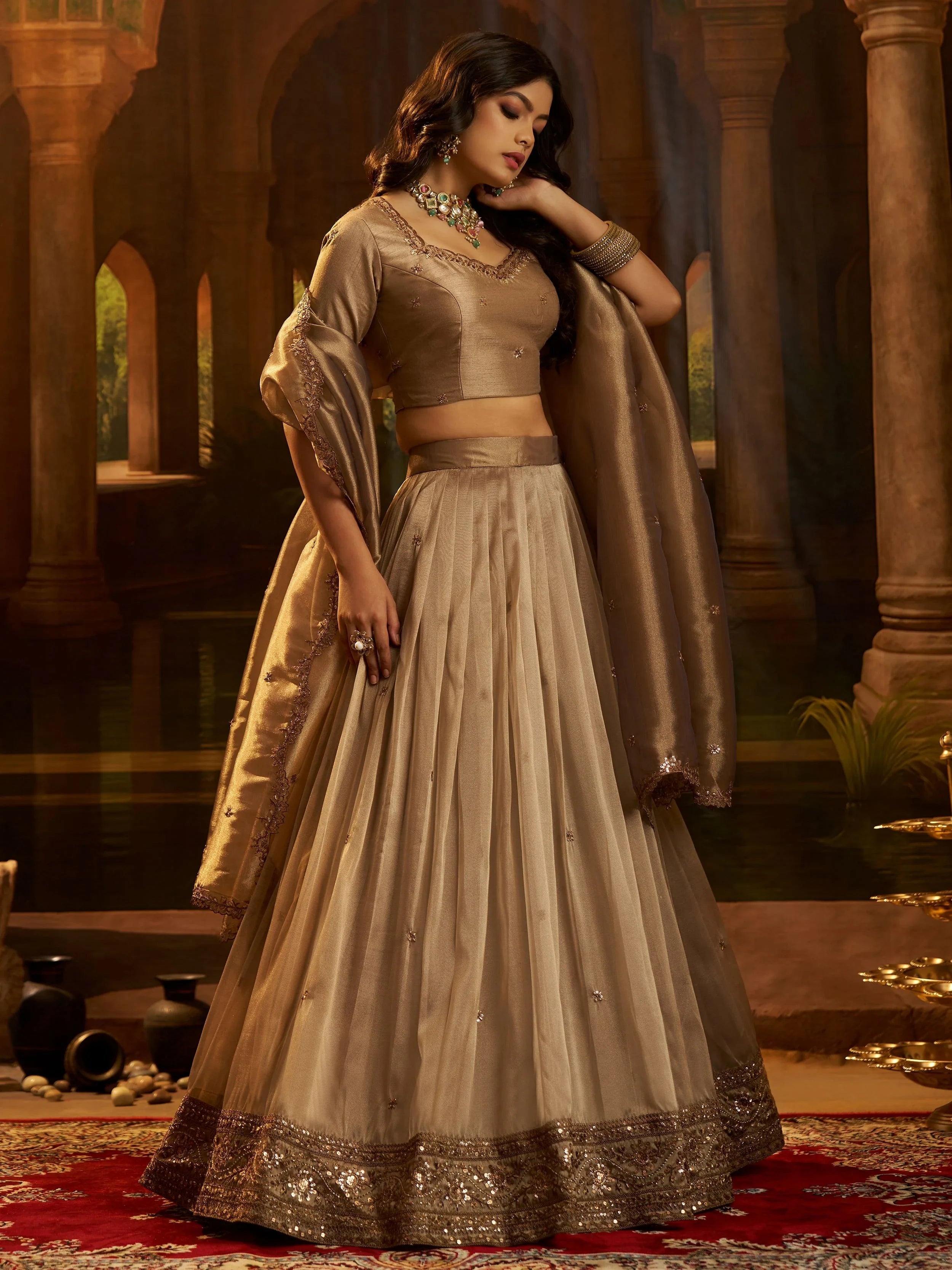 Brown Sequins Organza Wedding Wear Lehenga Choli for Women