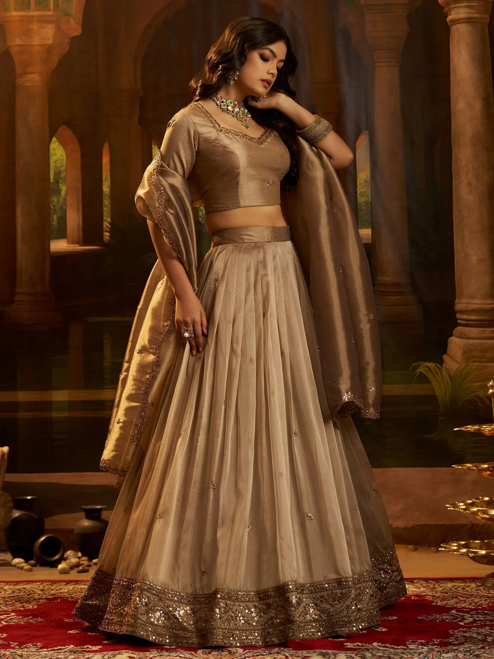 Brown Sequins Organza Wedding Wear Lehenga Choli for Women