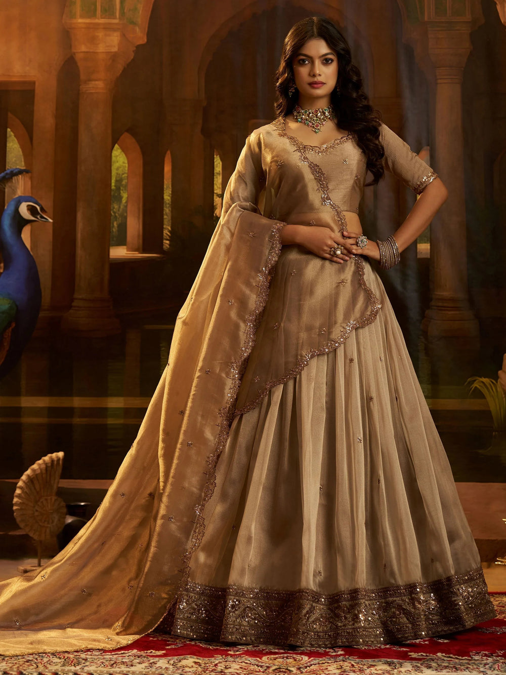 Brown Sequins Organza Wedding Wear Lehenga Choli for Women