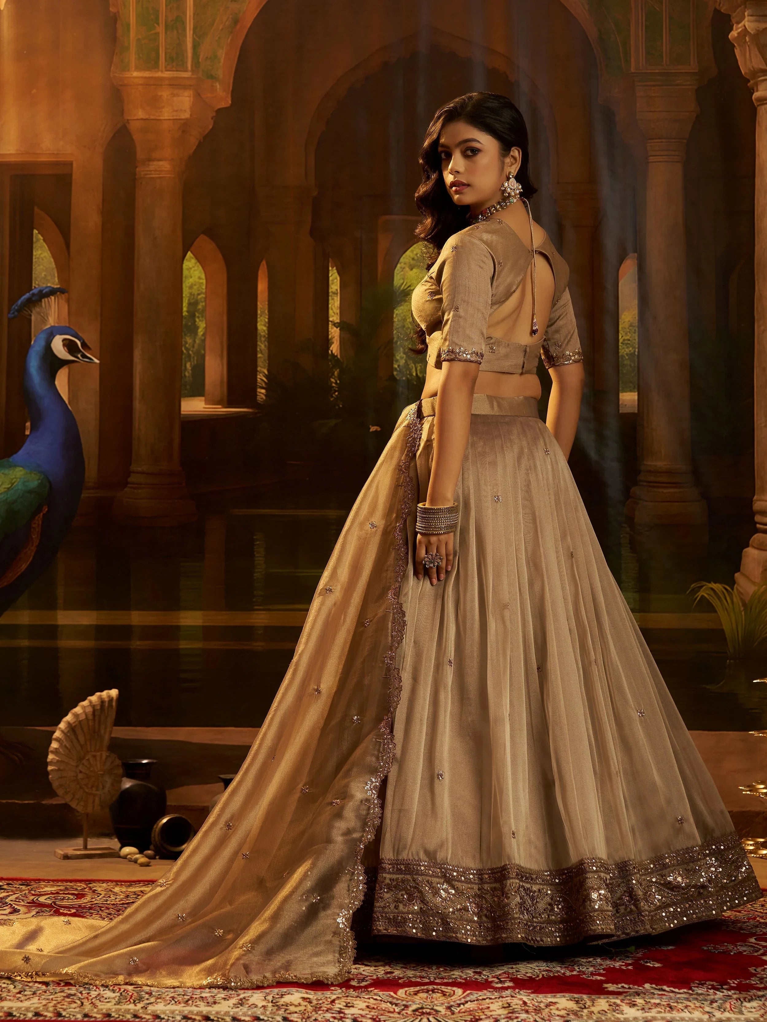 Brown Sequins Organza Wedding Wear Lehenga Choli for Women