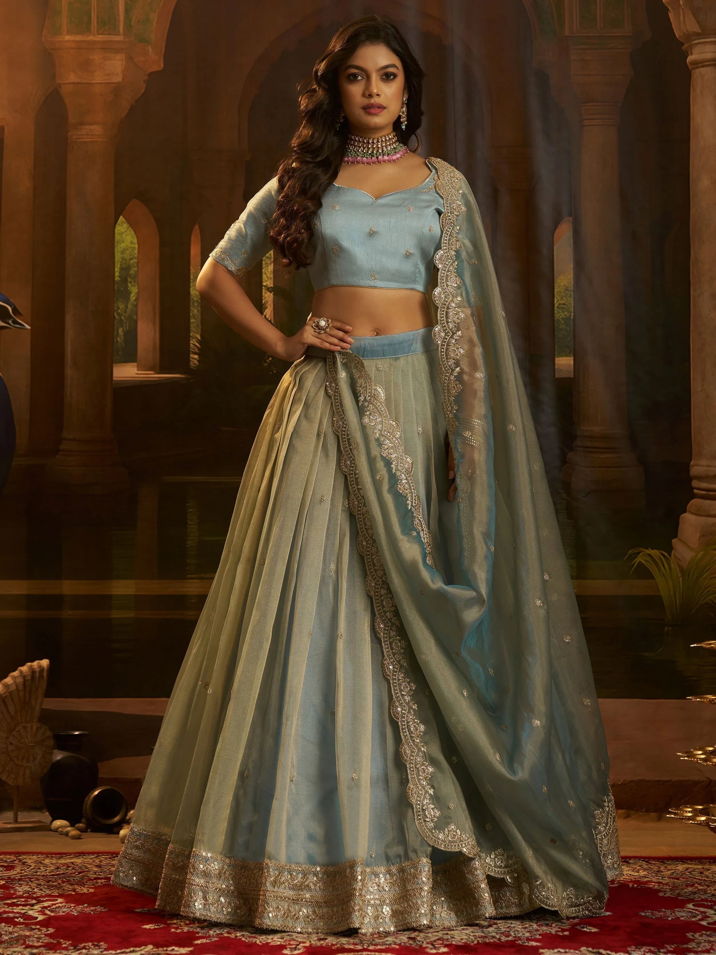 Blue Dori Embroidered Organza Wedding Wear Lehenga Choli for Women