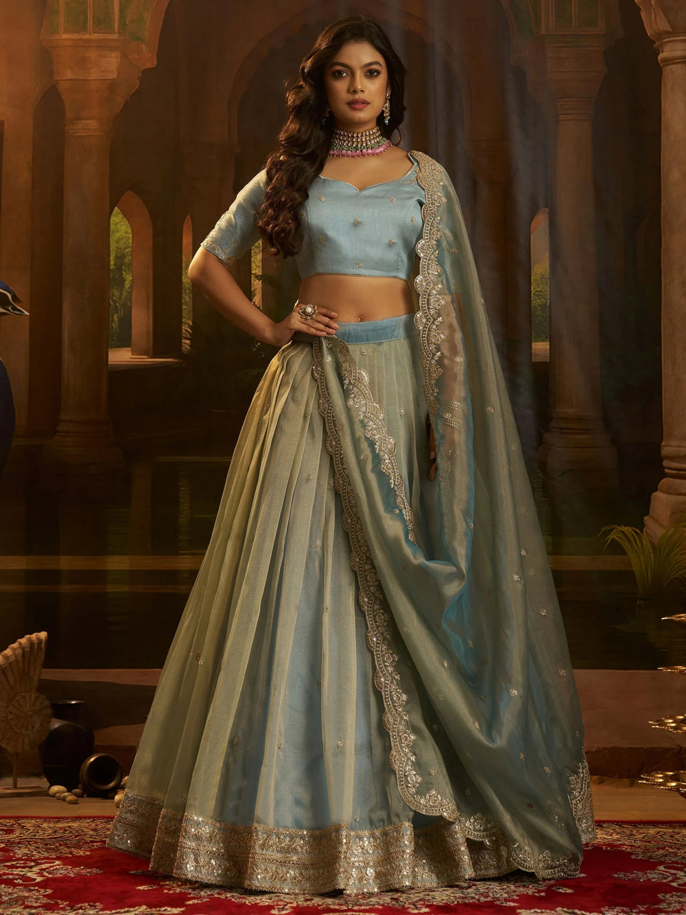 Blue Dori Embroidered Organza Wedding Wear Lehenga Choli for Women