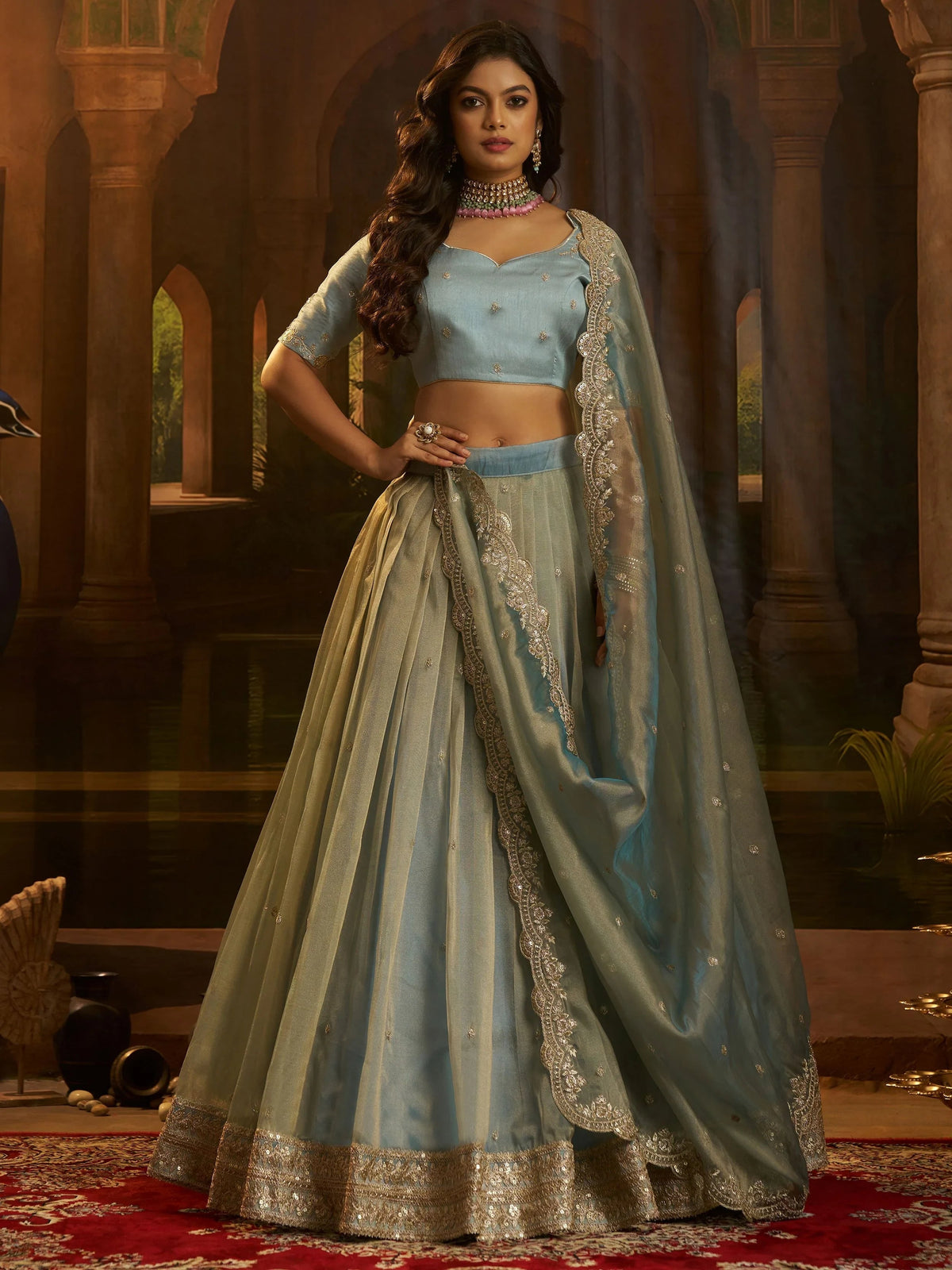 Blue Dori Embroidered Organza Wedding Wear Lehenga Choli for Women