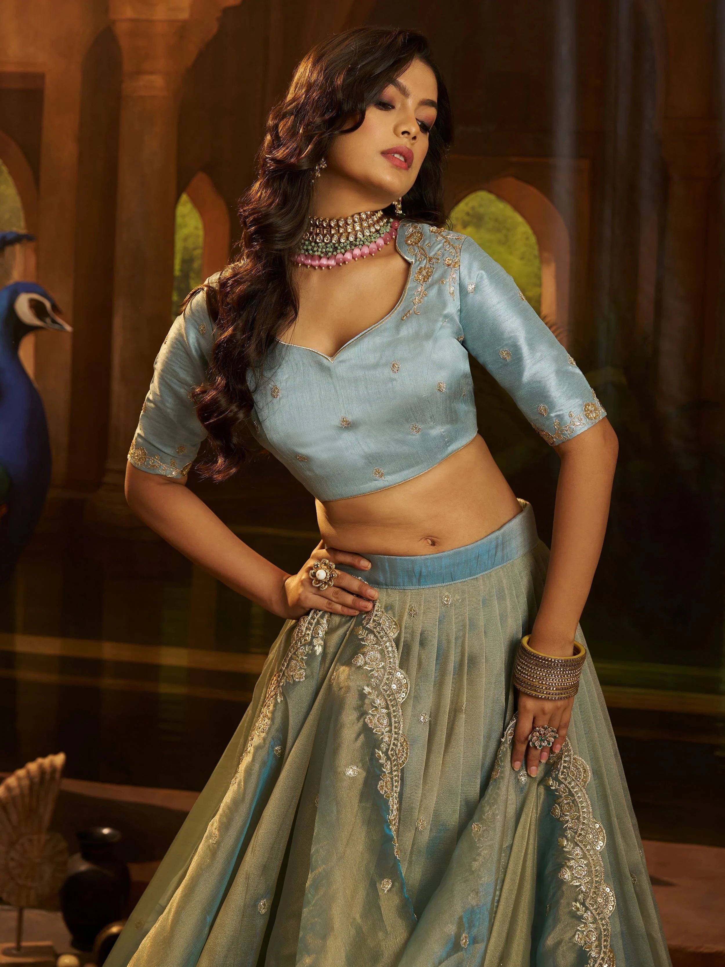 Blue Dori Embroidered Organza Wedding Wear Lehenga Choli for Women