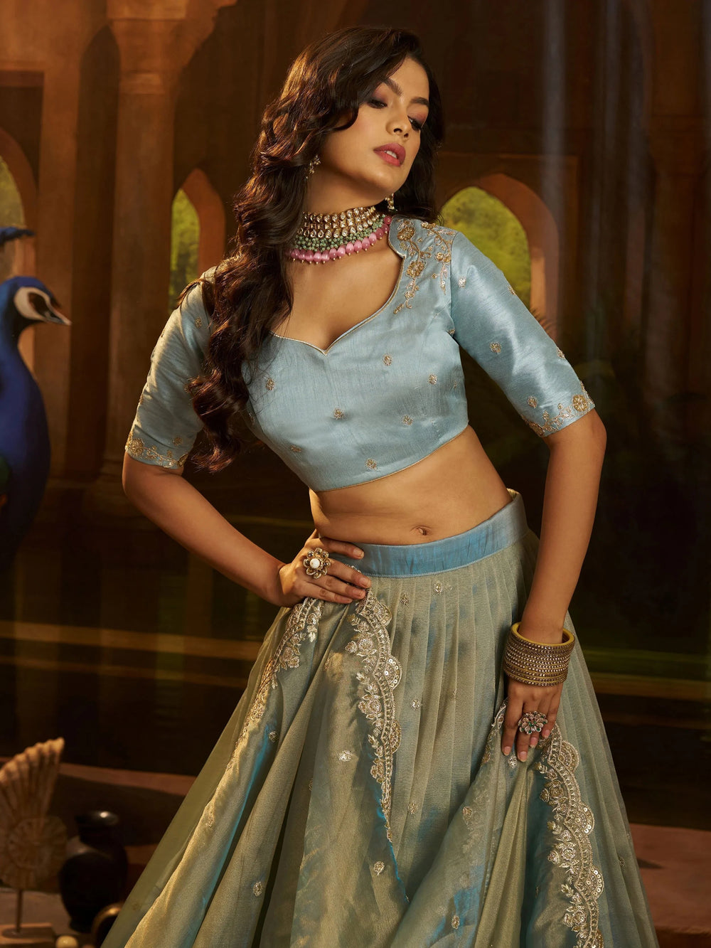 Blue Dori Embroidered Organza Wedding Wear Lehenga Choli for Women