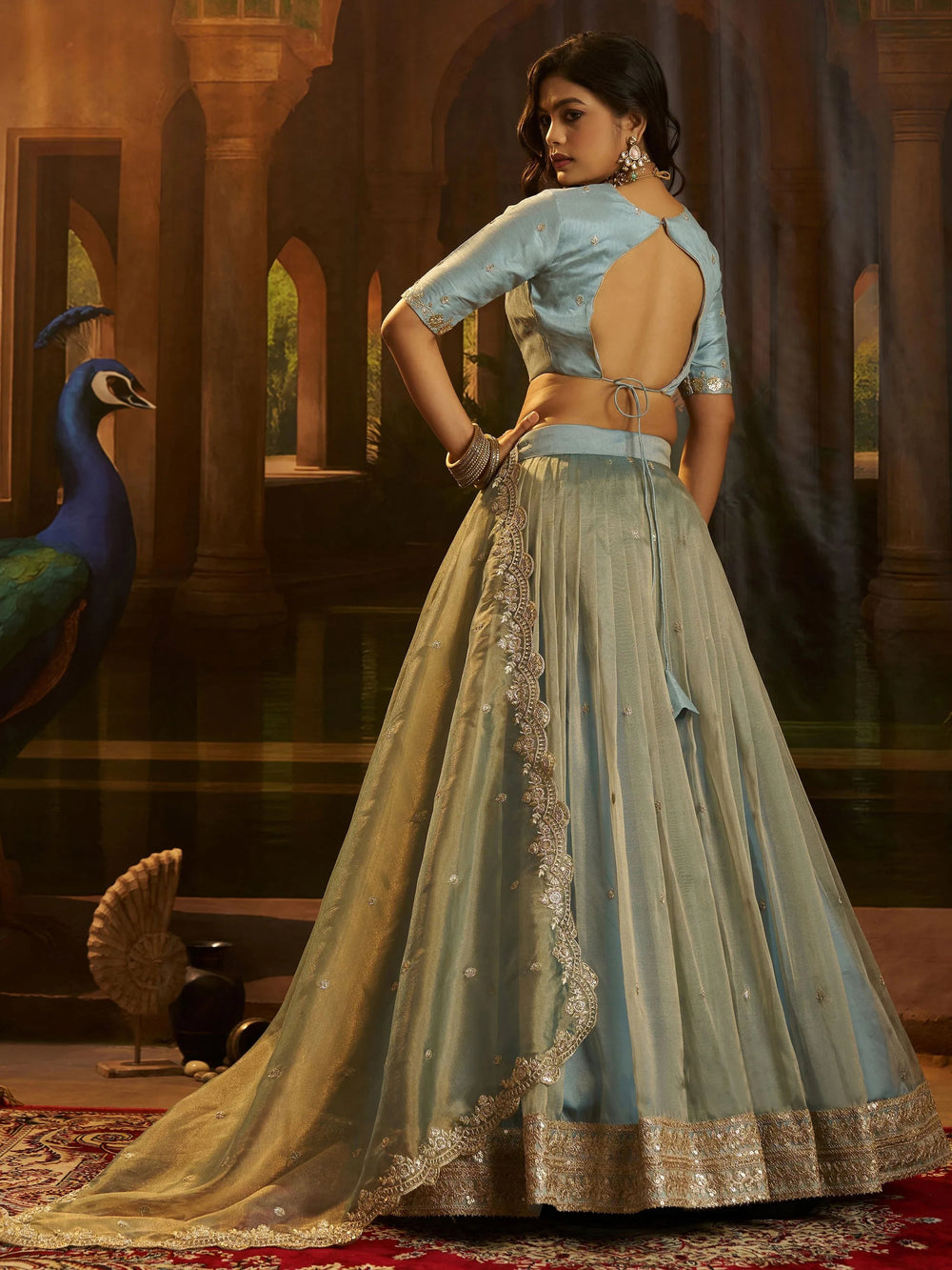 Blue Dori Embroidered Organza Wedding Wear Lehenga Choli for Women