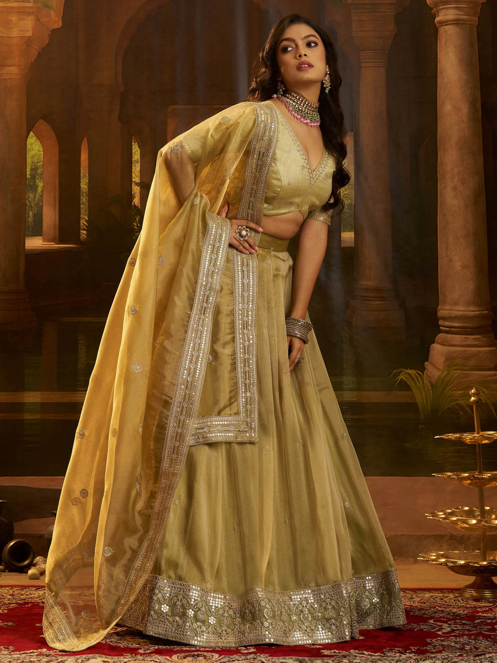 Golden Embroidered Organza Party Wear Lehenga Choli for Women