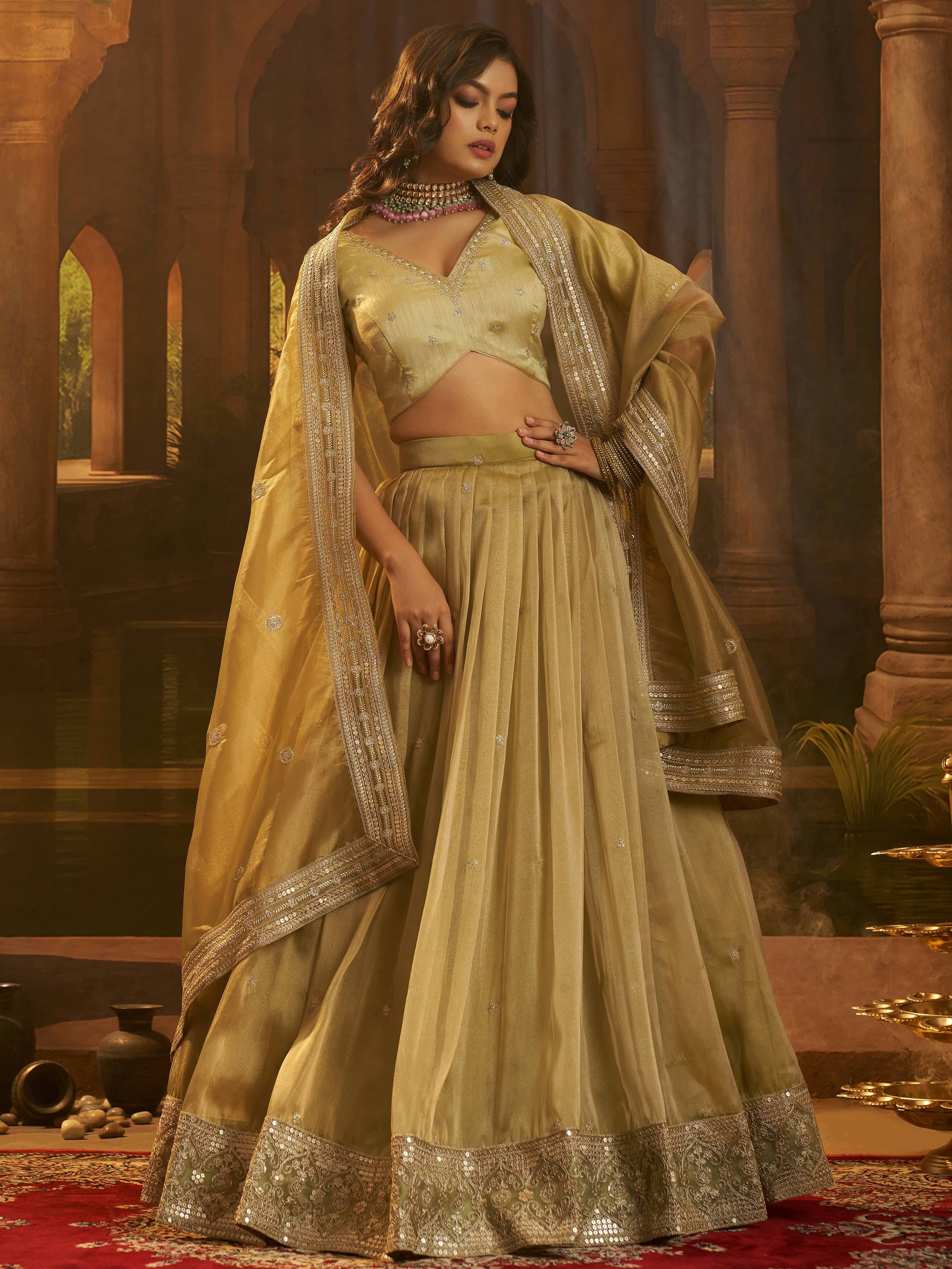Golden Embroidered Organza Party Wear Lehenga Choli for Women