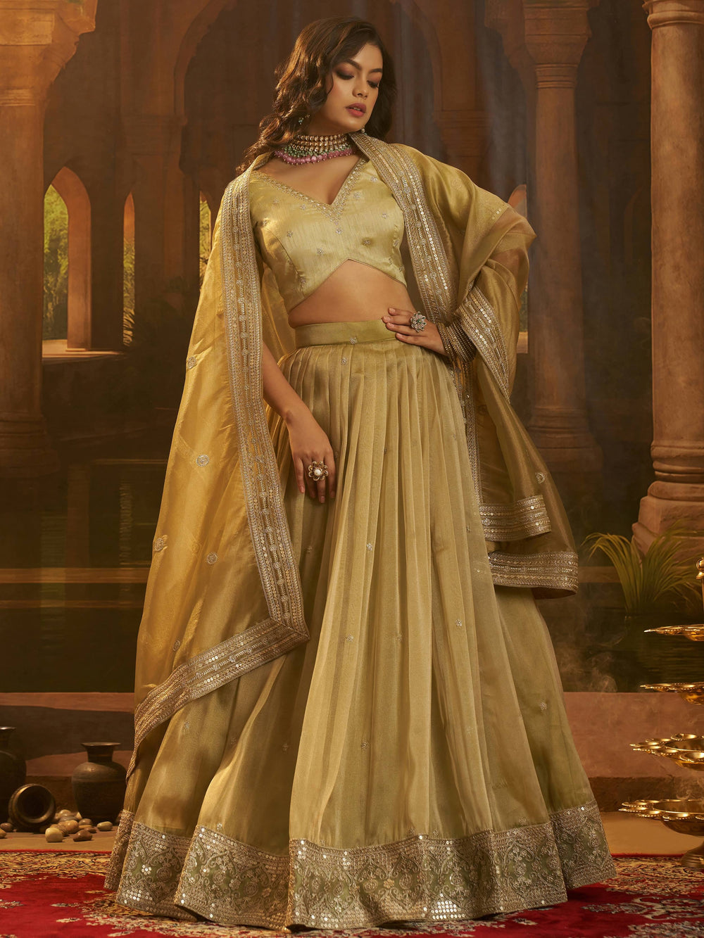 Golden Embroidered Organza Party Wear Lehenga Choli for Women
