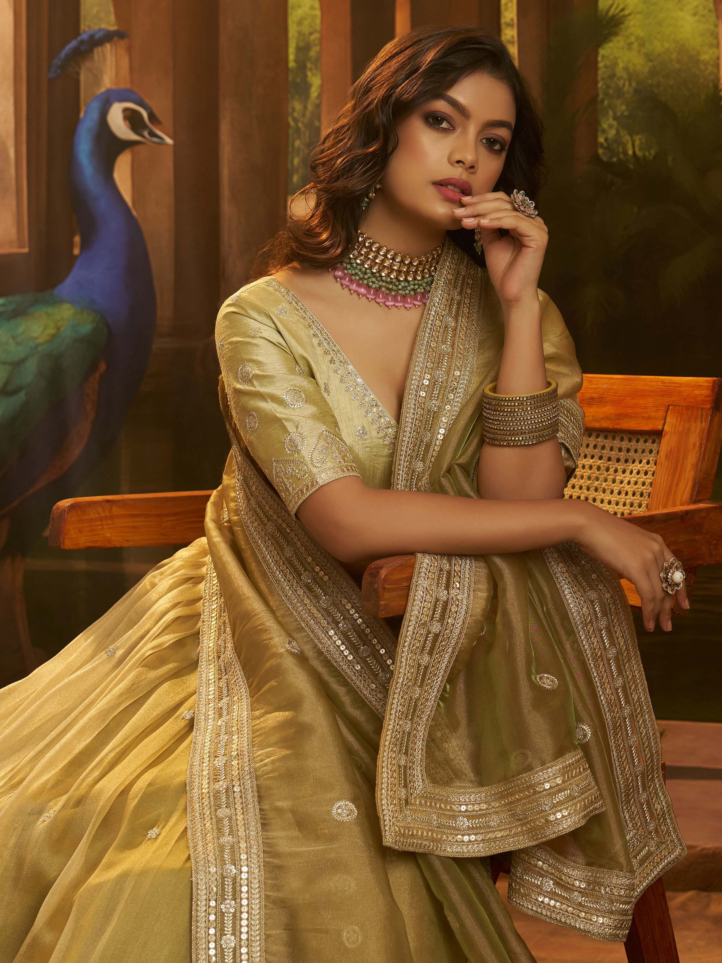 Golden Embroidered Organza Party Wear Lehenga Choli for Women