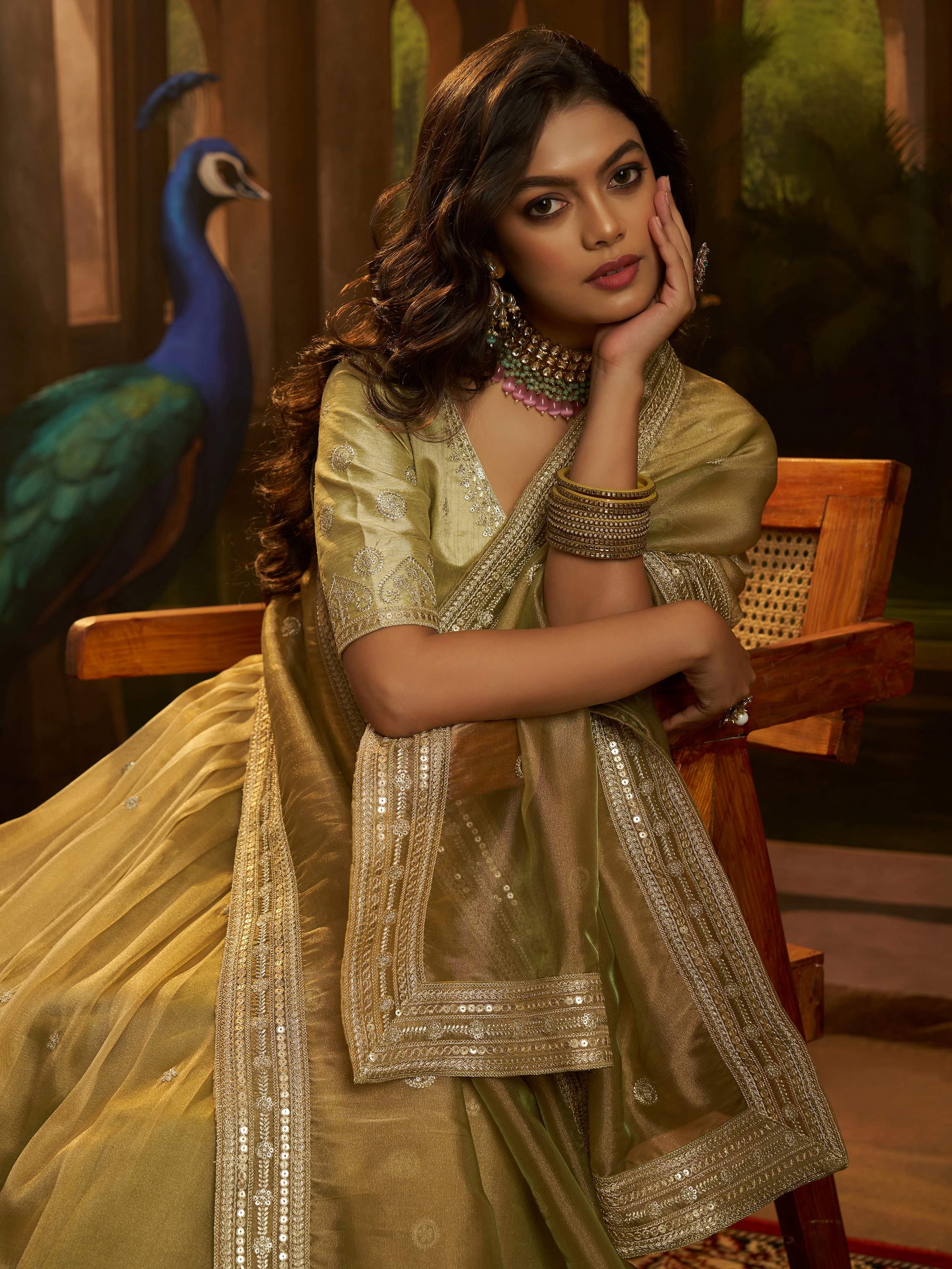 Golden Embroidered Organza Party Wear Lehenga Choli for Women