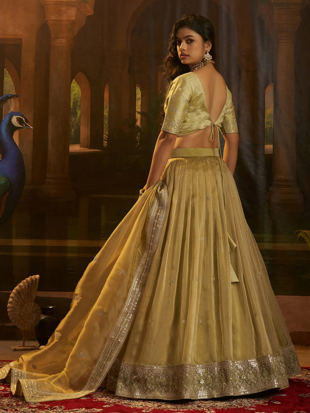 Golden Embroidered Organza Party Wear Lehenga Choli for Women