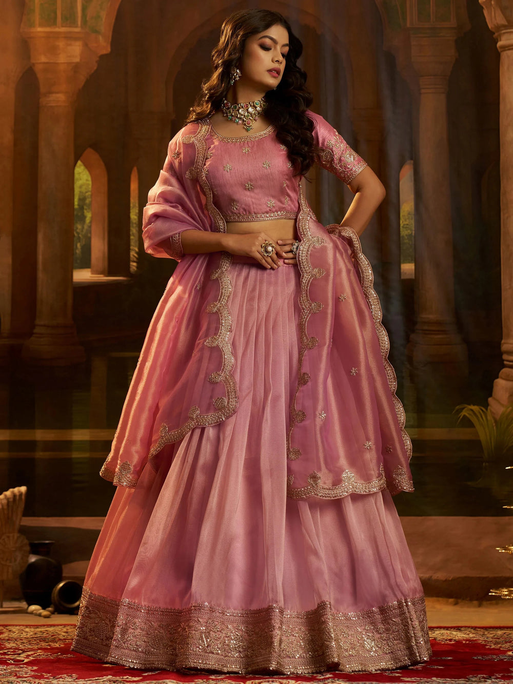 Pink Dori Embroidered Organza Wedding Wear Lehenga Choli for Women