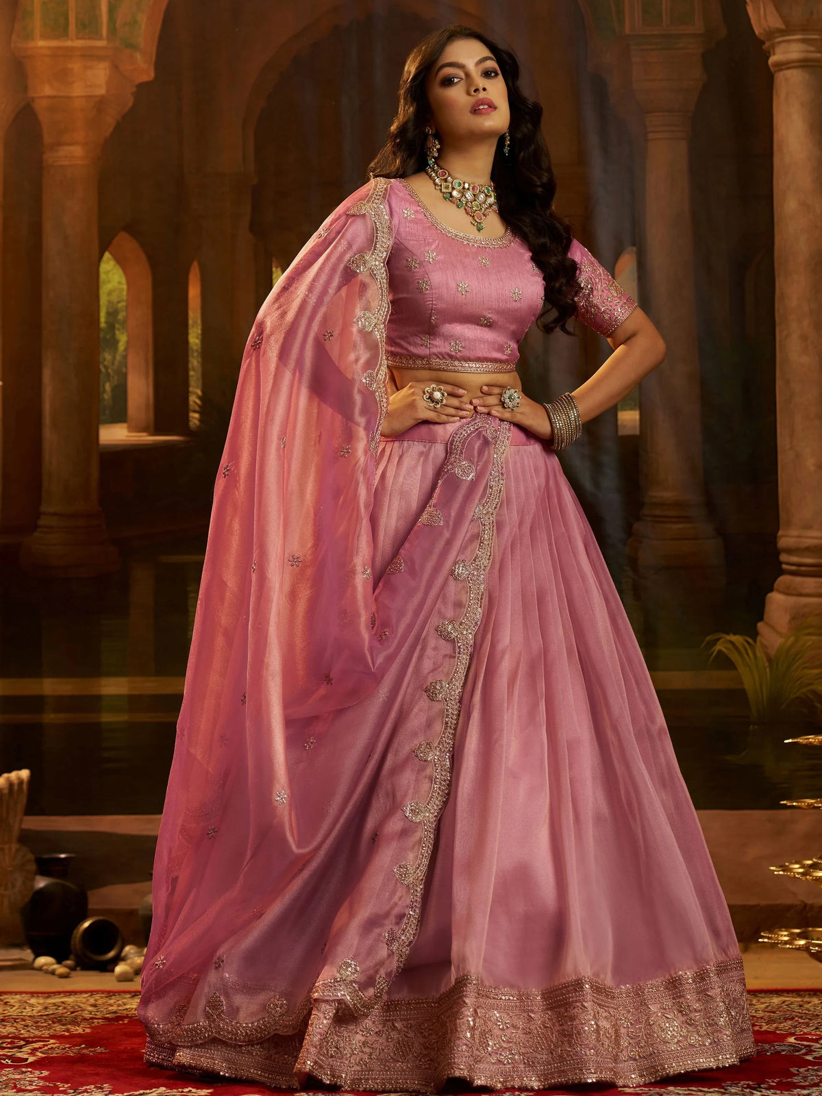Pink Dori Embroidered Organza Wedding Wear Lehenga Choli for Women