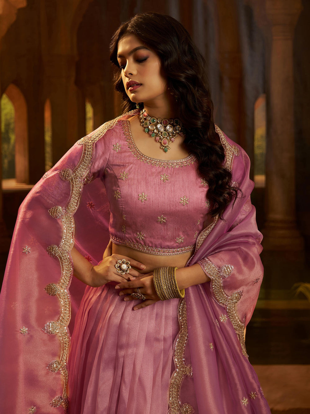 Pink Dori Embroidered Organza Wedding Wear Lehenga Choli for Women