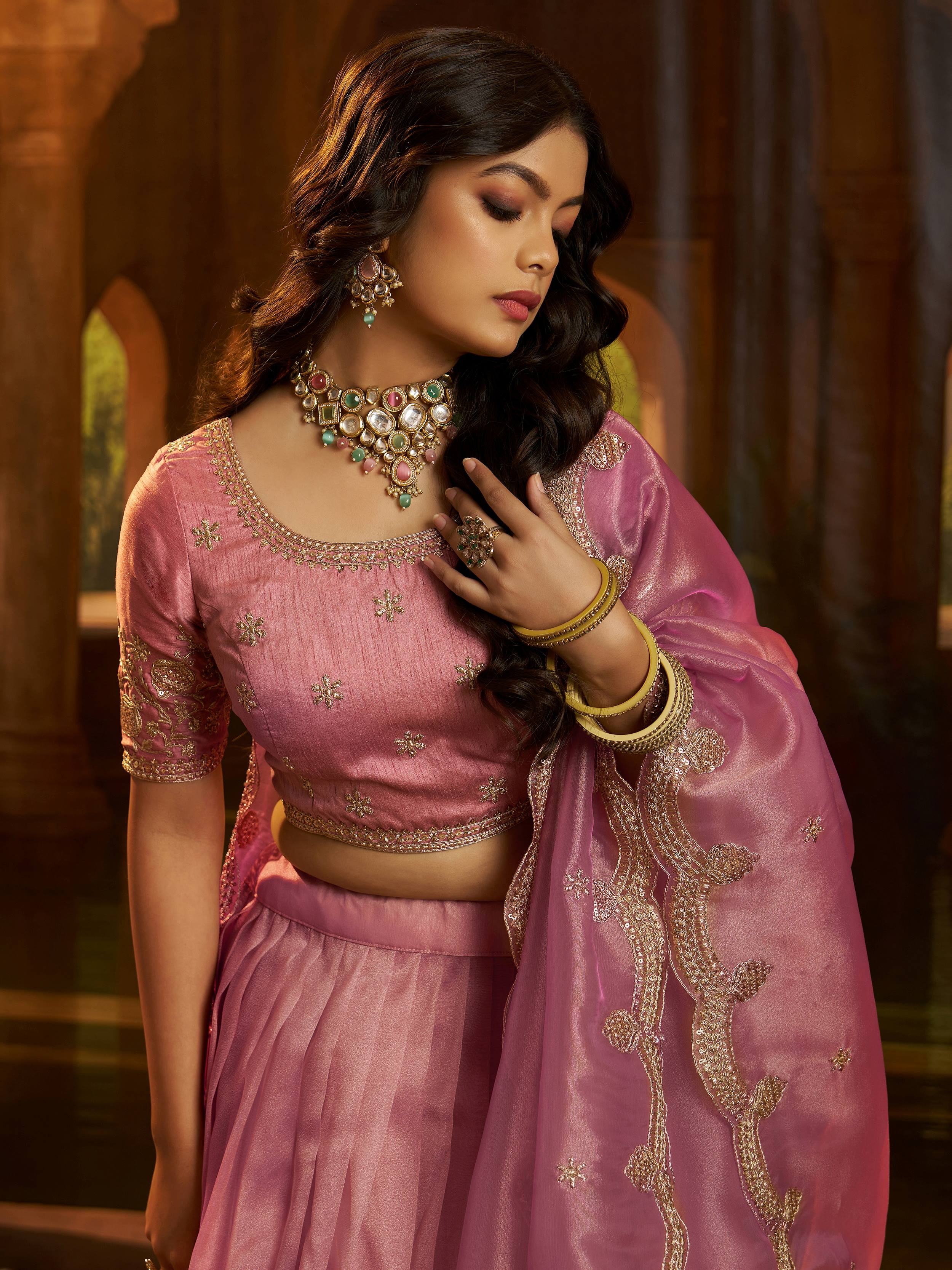 Pink Dori Embroidered Organza Wedding Wear Lehenga Choli for Women