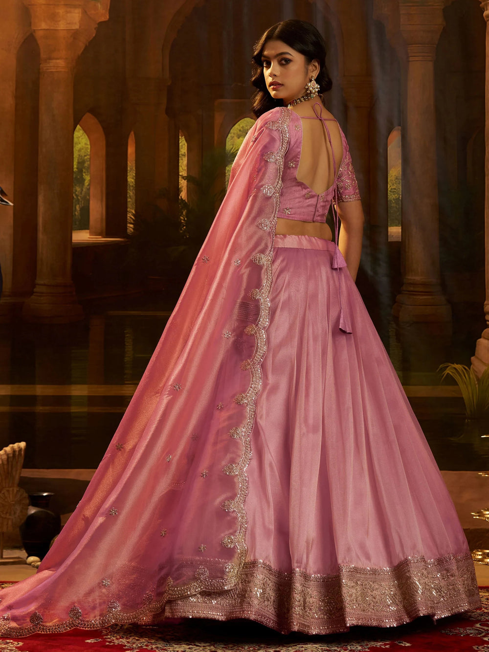 Pink Dori Embroidered Organza Wedding Wear Lehenga Choli for Women