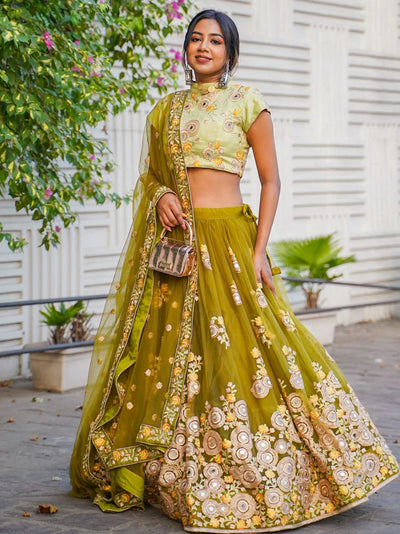 Green Mirror Embroidered Net Reception Lehenga Choli for Women