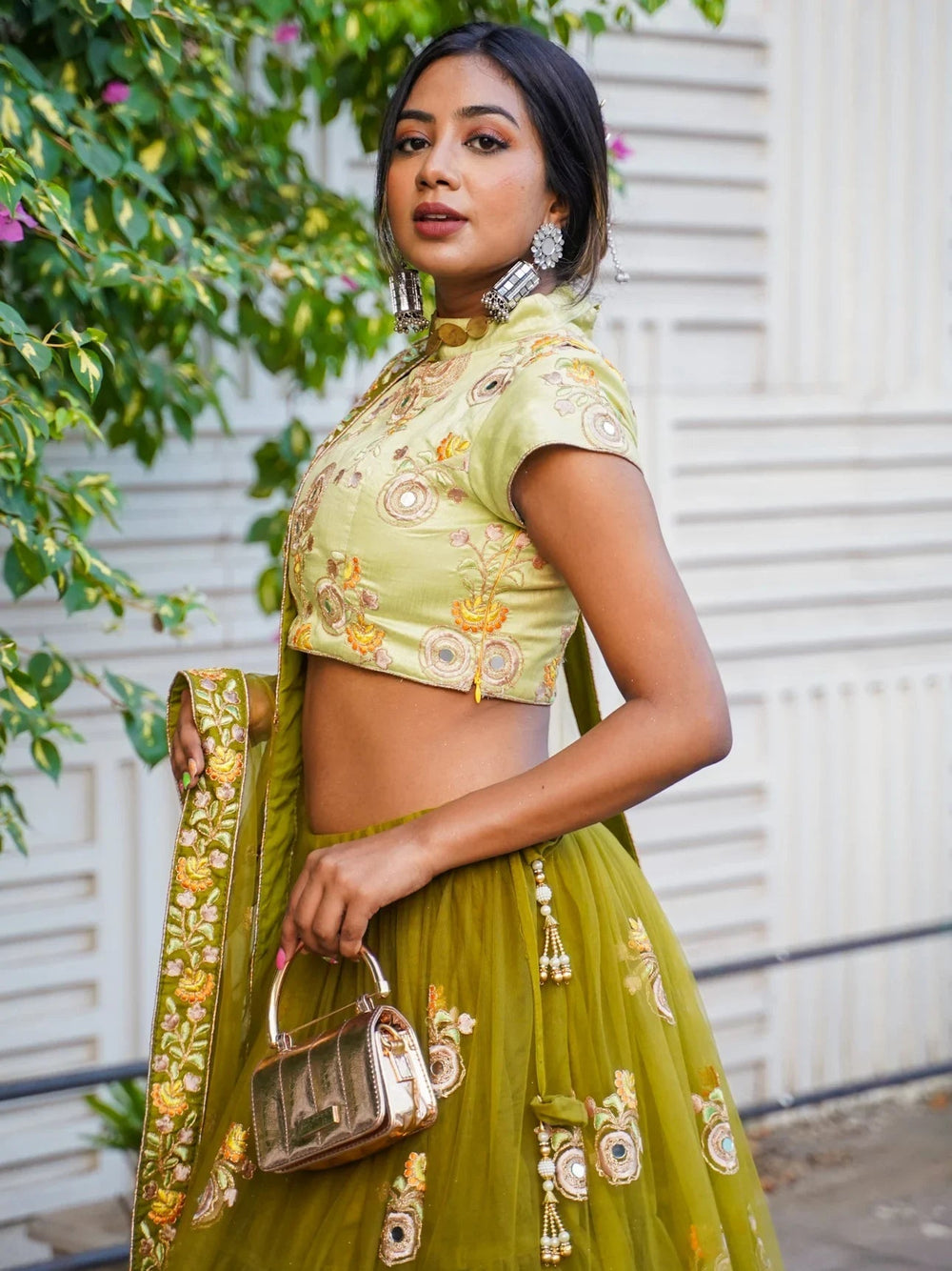 Green Mirror Embroidered Net Reception Lehenga Choli for Women