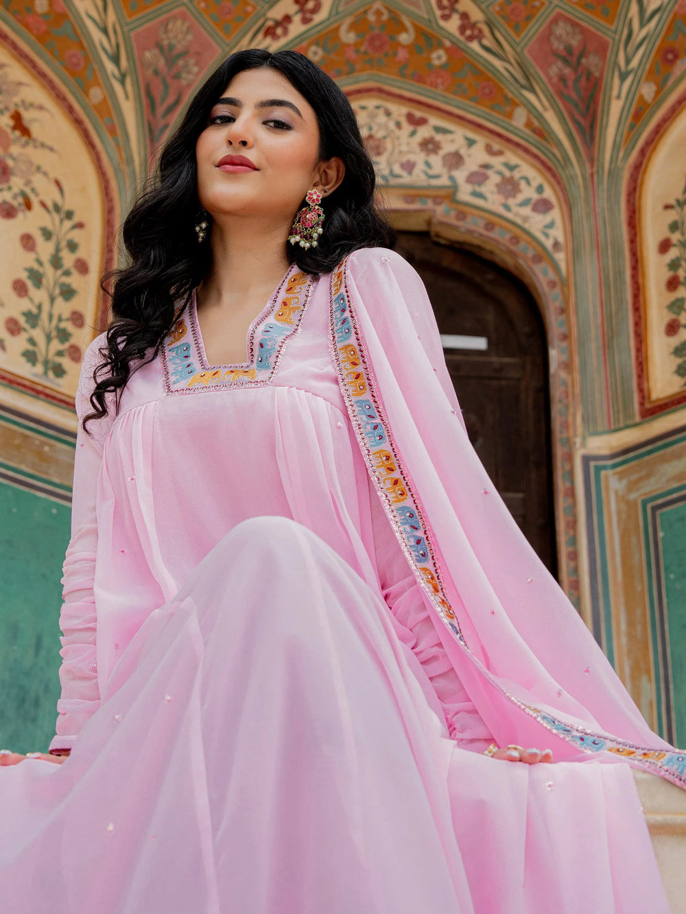 Pink Embroidered Georgette Festival Wear Gown With Dupatta for Women