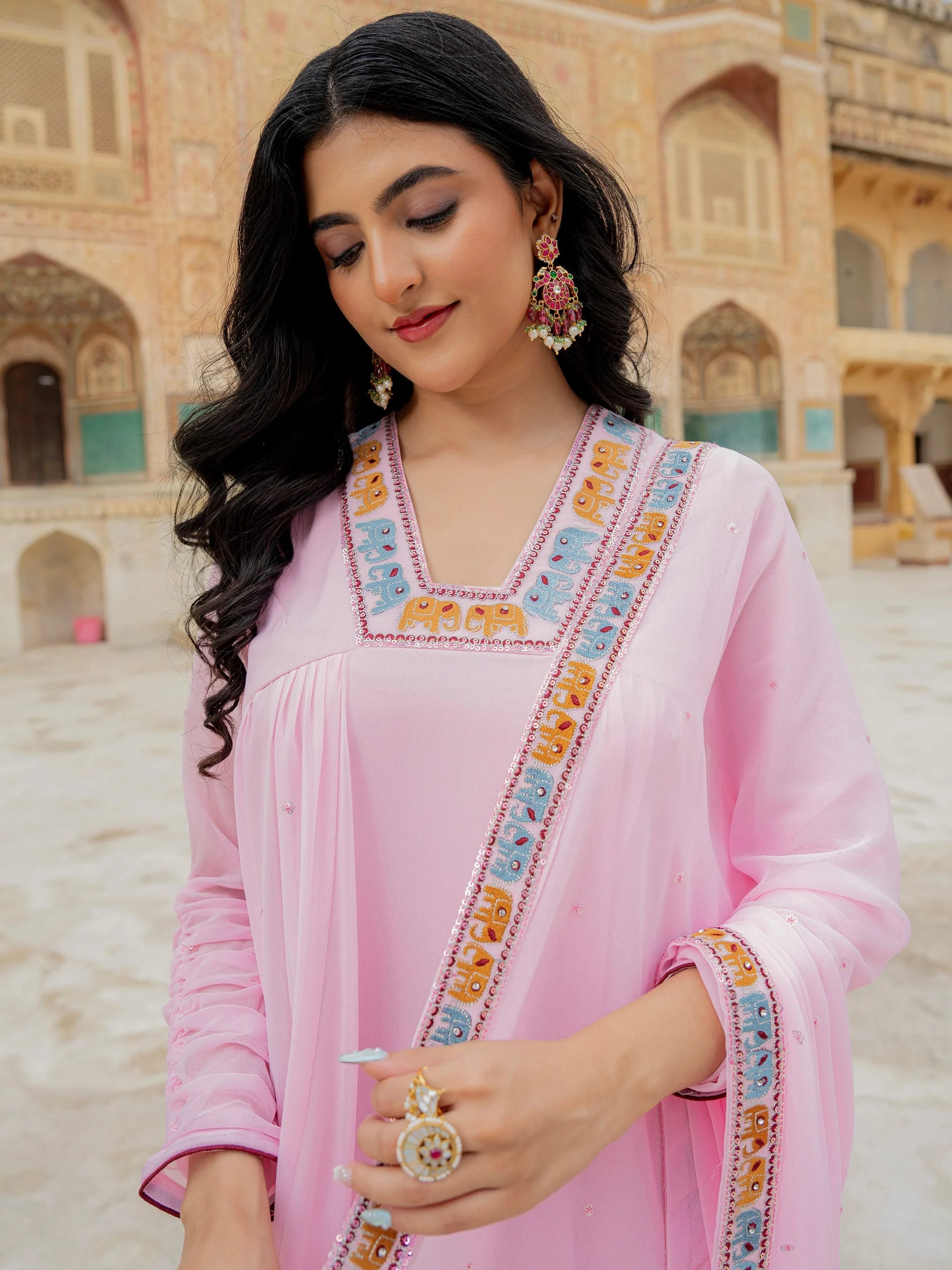 Pink Embroidered Georgette Festival Wear Gown With Dupatta for Women