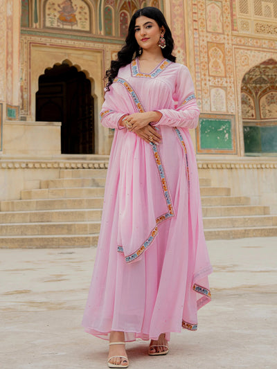 Pink Embroidered Georgette Festival Wear Gown With Dupatta for Women