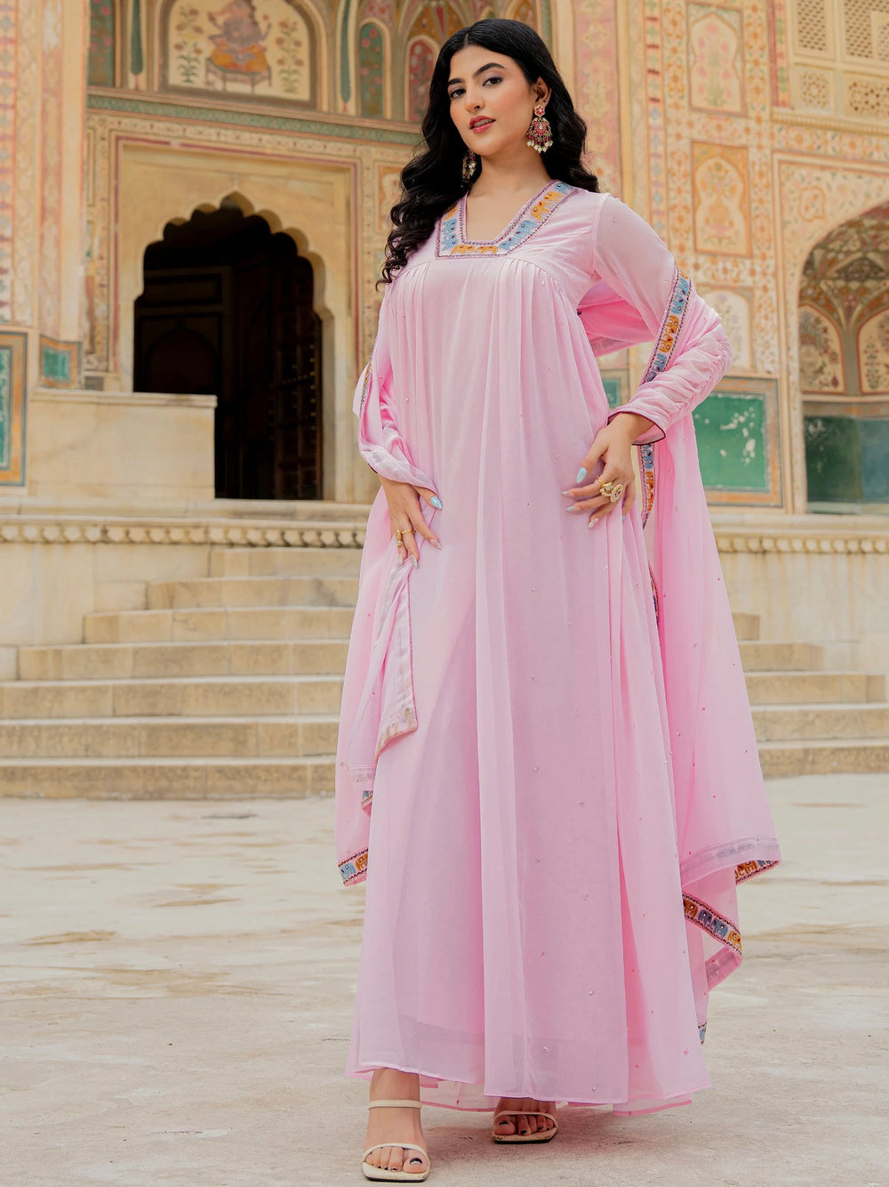 Pink Embroidered Georgette Festival Wear Gown With Dupatta for Women