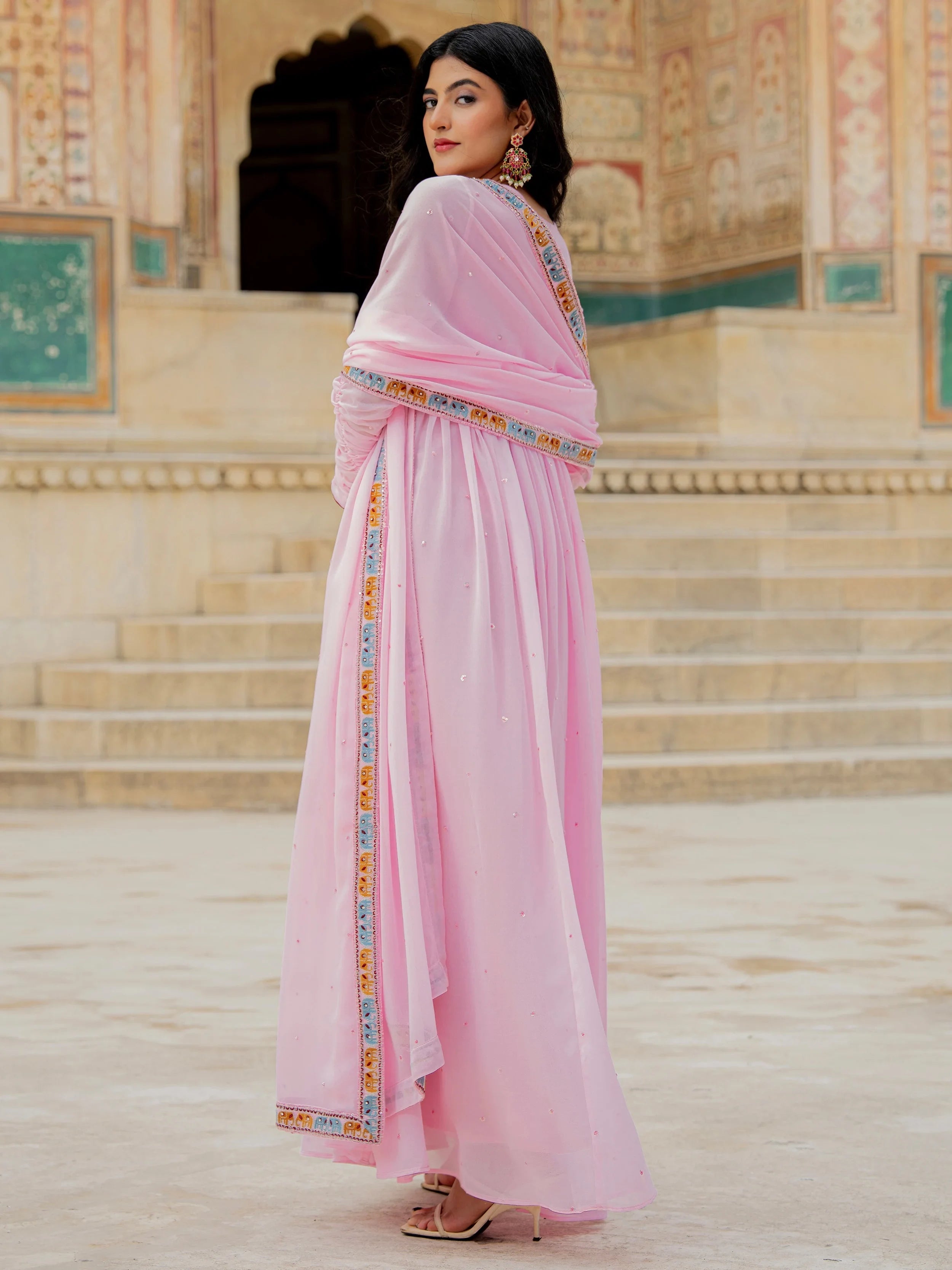 Pink Embroidered Georgette Festival Wear Gown With Dupatta for Women