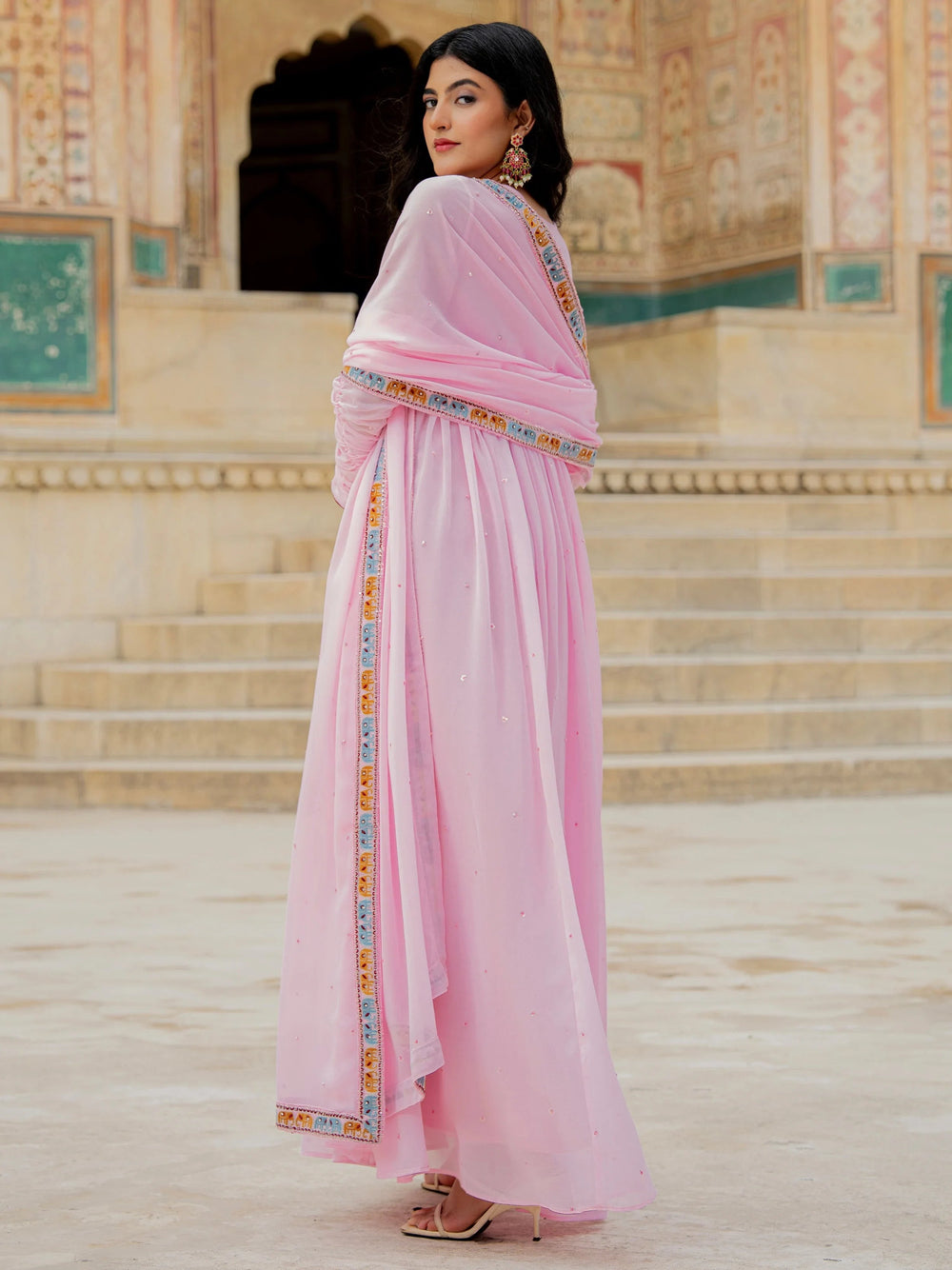 Pink Embroidered Georgette Festival Wear Gown With Dupatta for Women