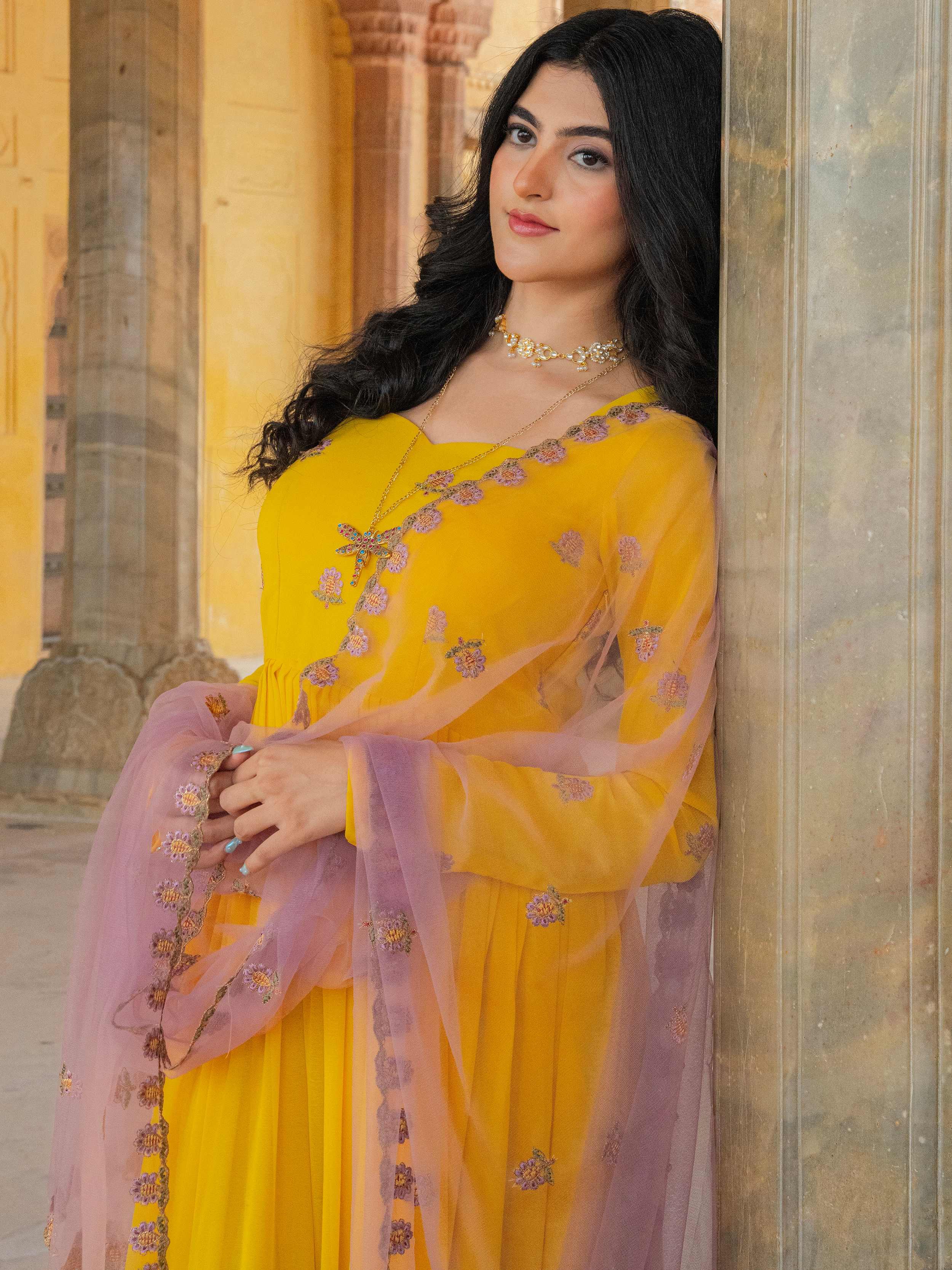 Yellow Radiant Sequins Georgette Wedding Wear Gown With Dupatta for Women