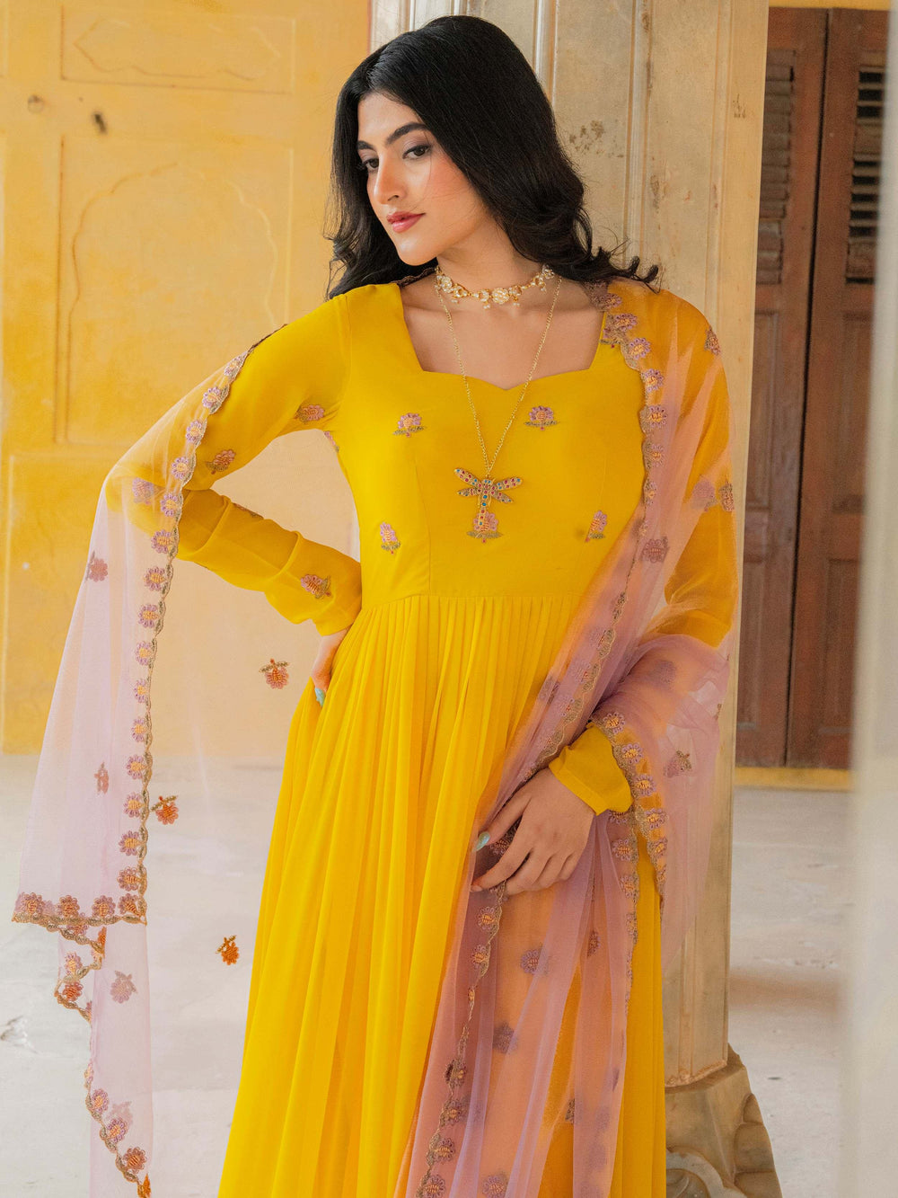 Yellow Radiant Sequins Georgette Wedding Wear Gown With Dupatta for Women