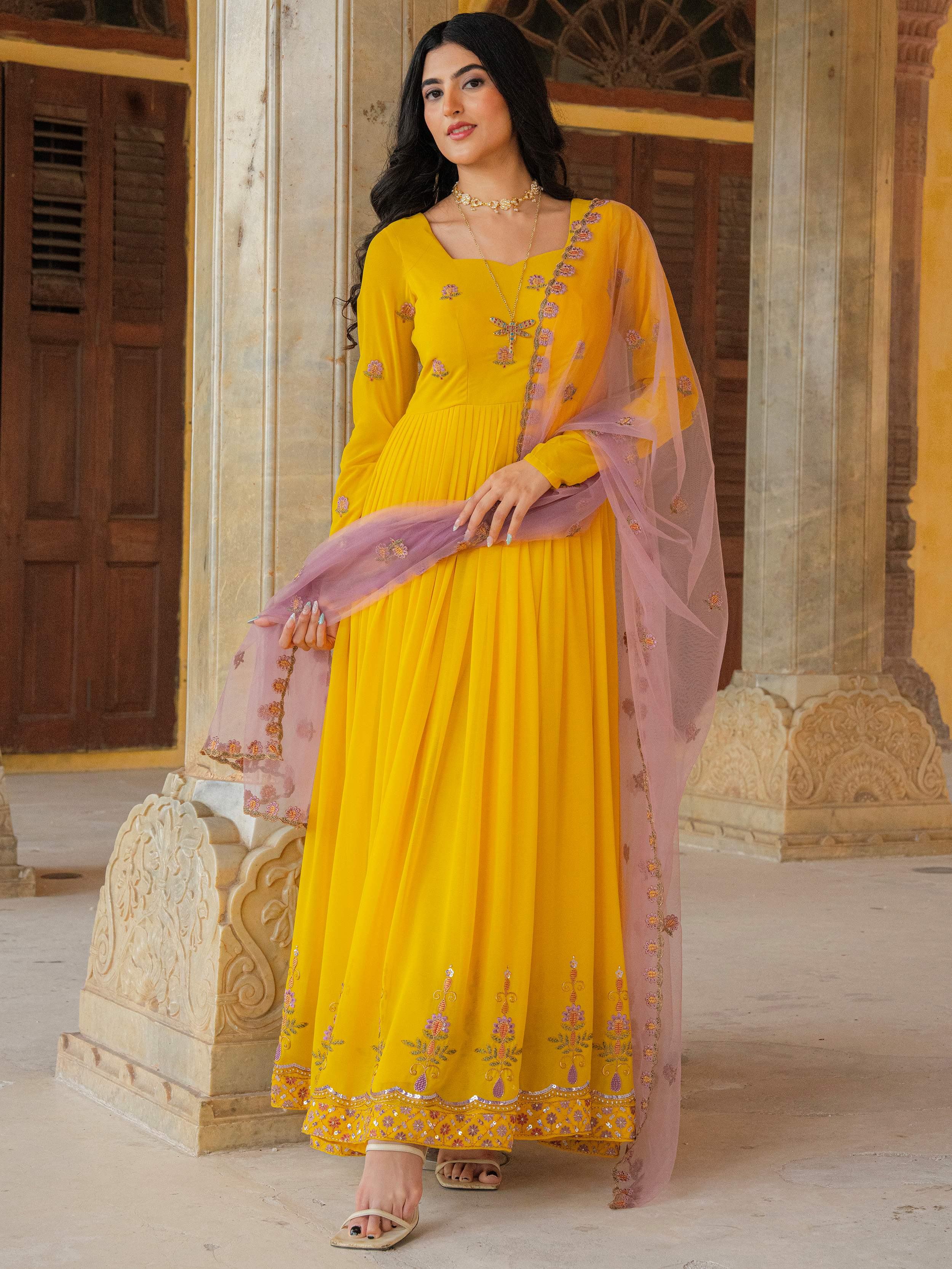 Yellow Radiant Sequins Georgette Wedding Wear Gown With Dupatta for Women