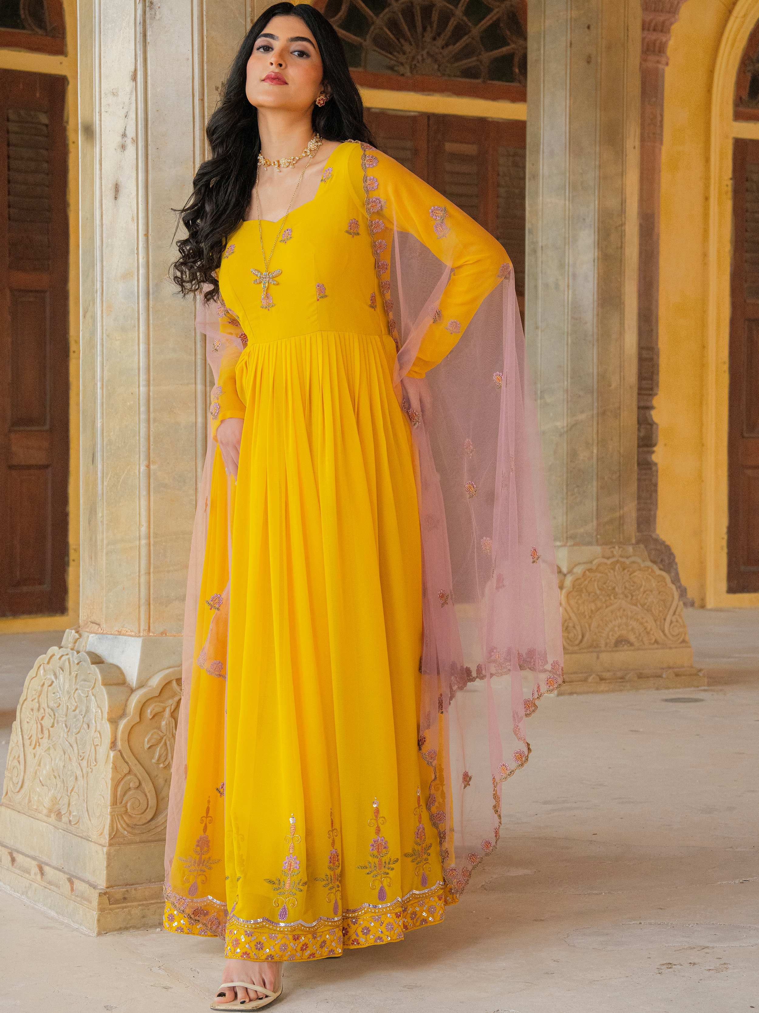 Yellow Radiant Sequins Georgette Wedding Wear Gown With Dupatta for Women