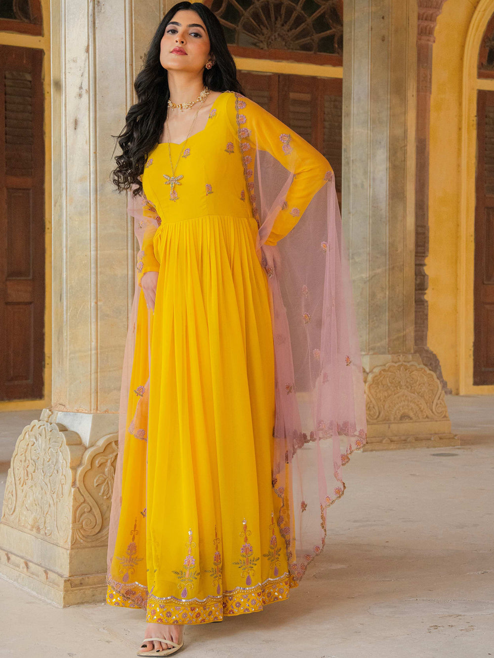 Yellow Radiant Sequins Georgette Wedding Wear Gown With Dupatta for Women