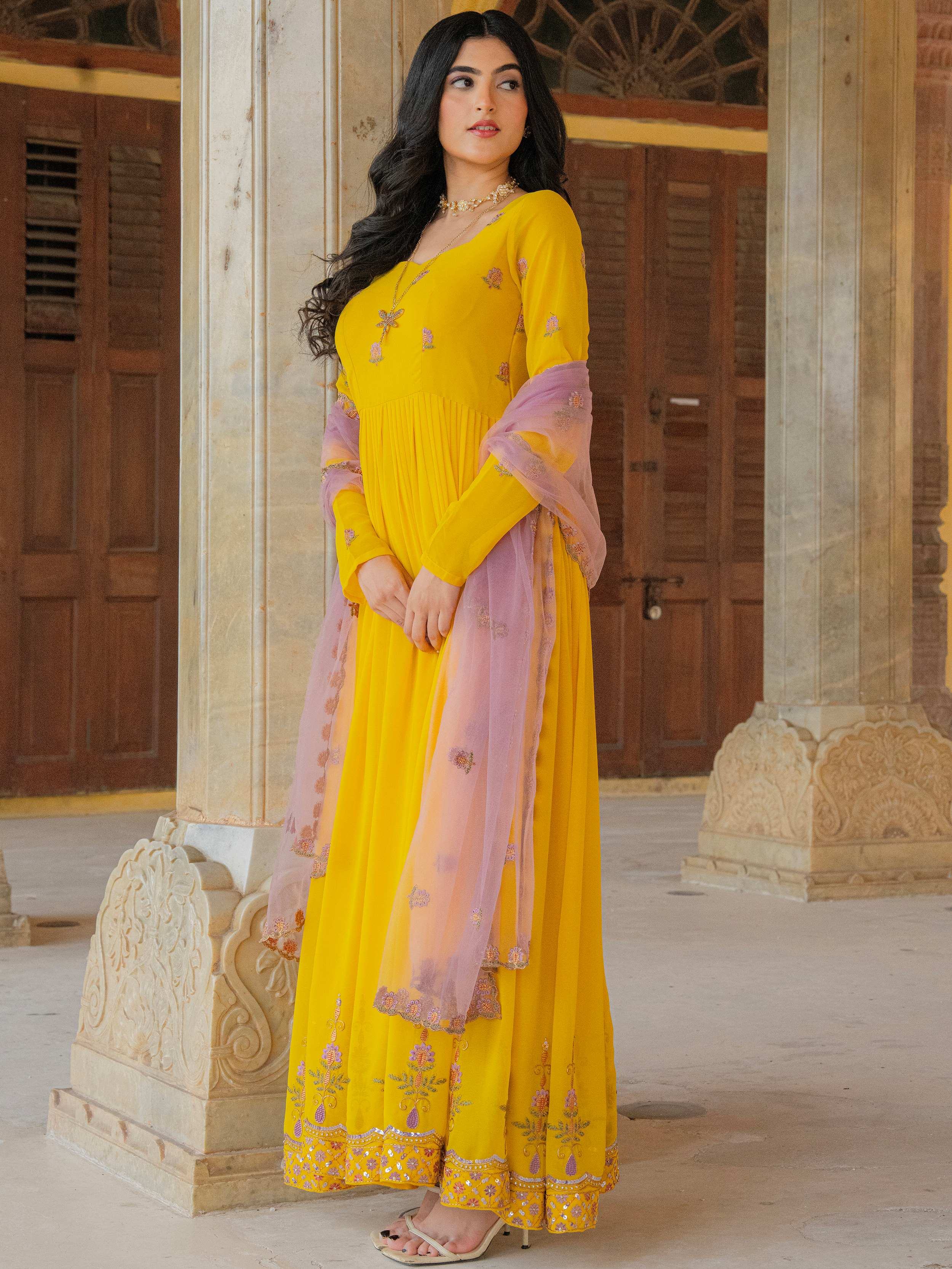 Yellow Radiant Sequins Georgette Wedding Wear Gown With Dupatta for Women