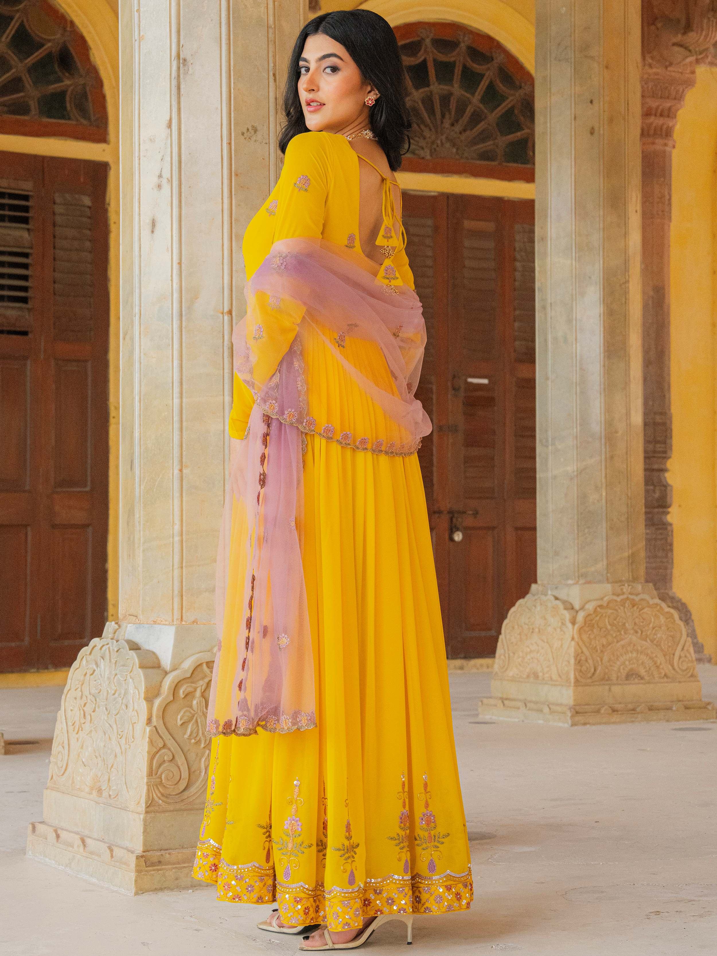 Yellow Radiant Sequins Georgette Wedding Wear Gown With Dupatta for Women