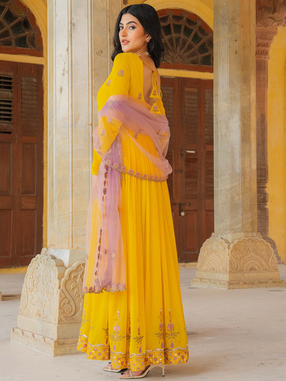 Yellow Radiant Sequins Georgette Wedding Wear Gown With Dupatta for Women