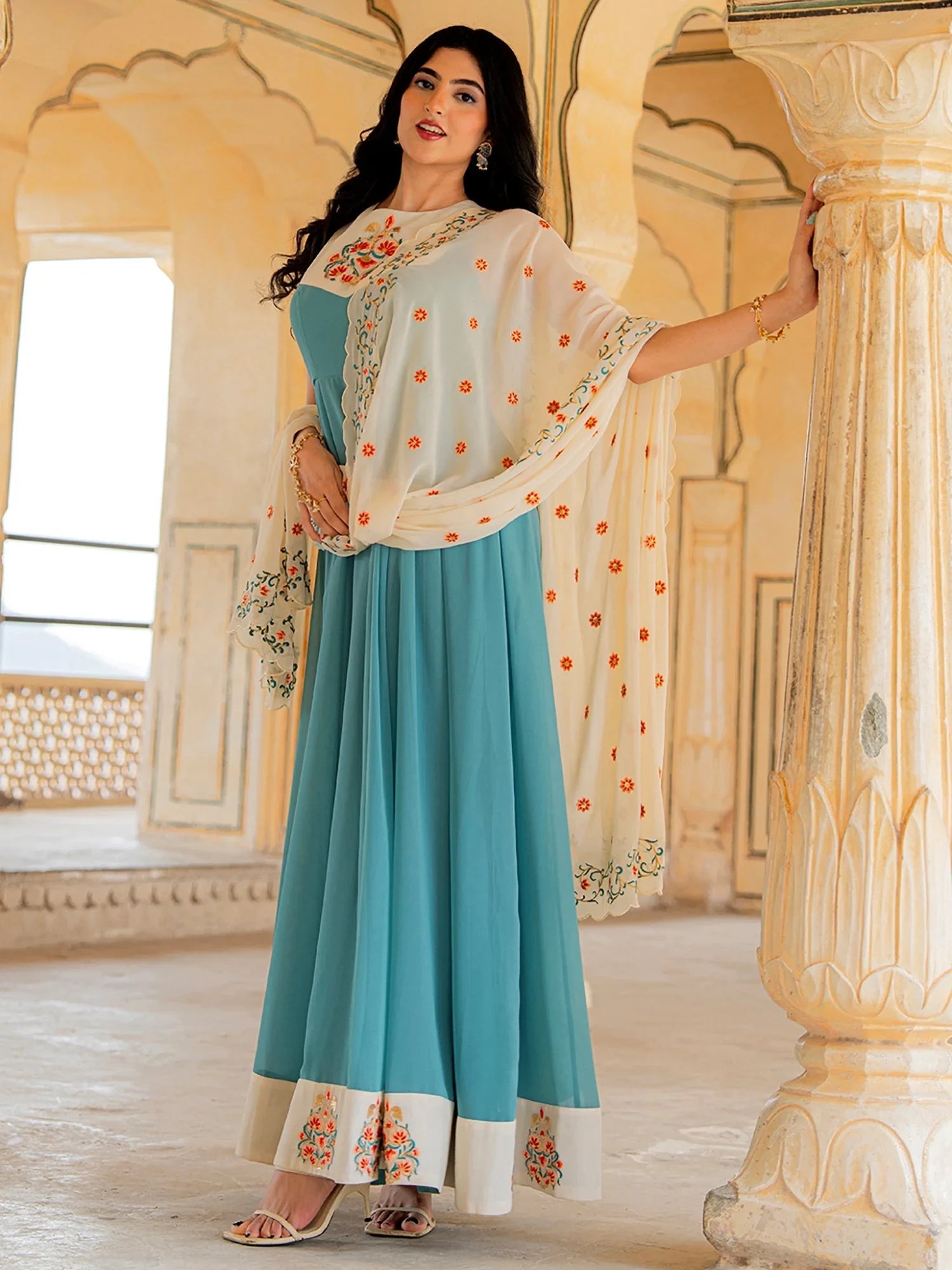 Blue Embroidered Georgette Festive Wear Gown With Dupatta for Women