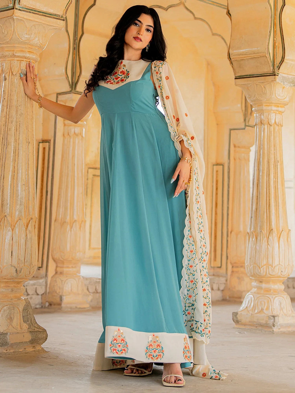 Blue Embroidered Georgette Festive Wear Gown With Dupatta for Women