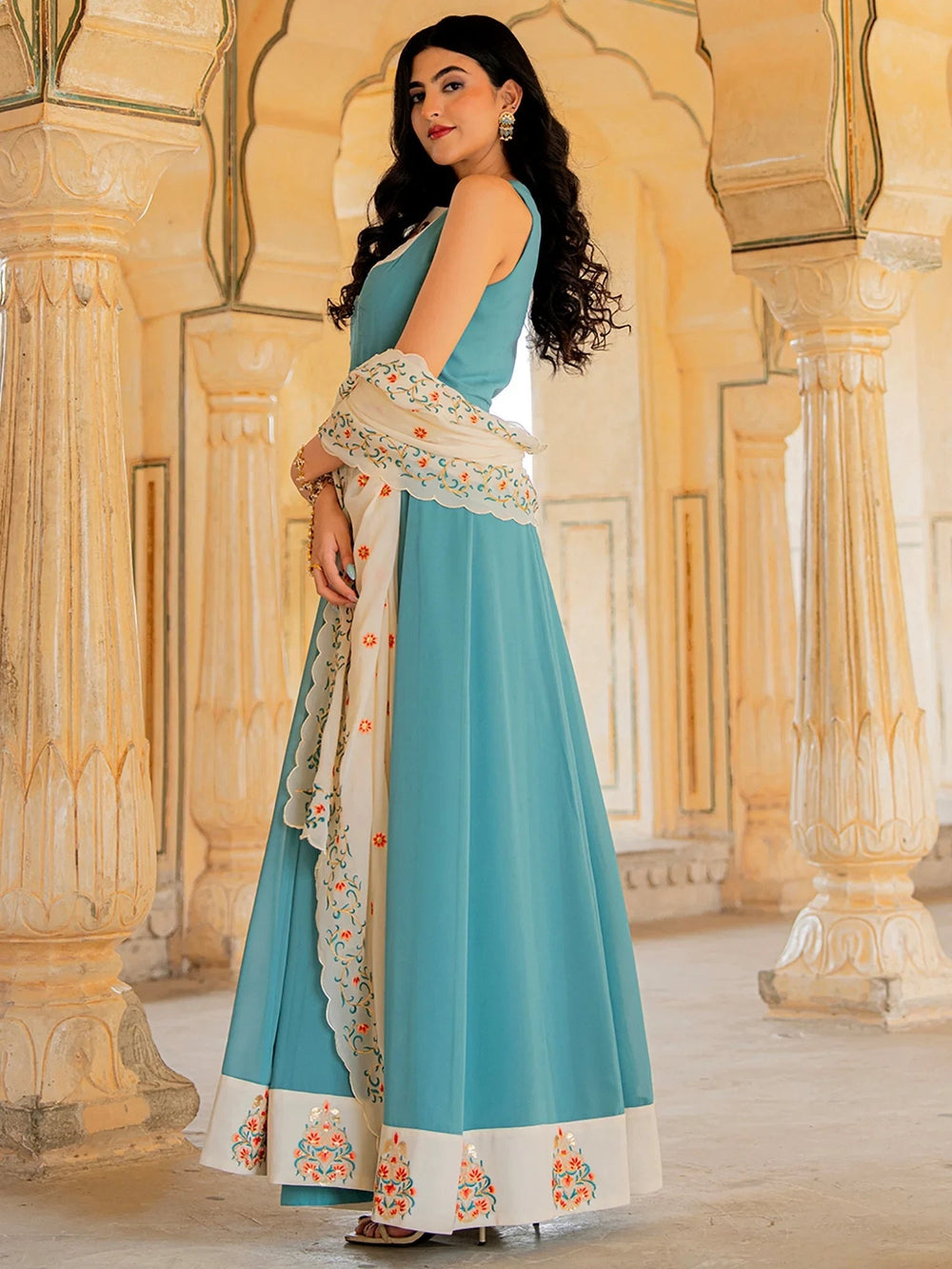 Blue Embroidered Georgette Festive Wear Gown With Dupatta for Women