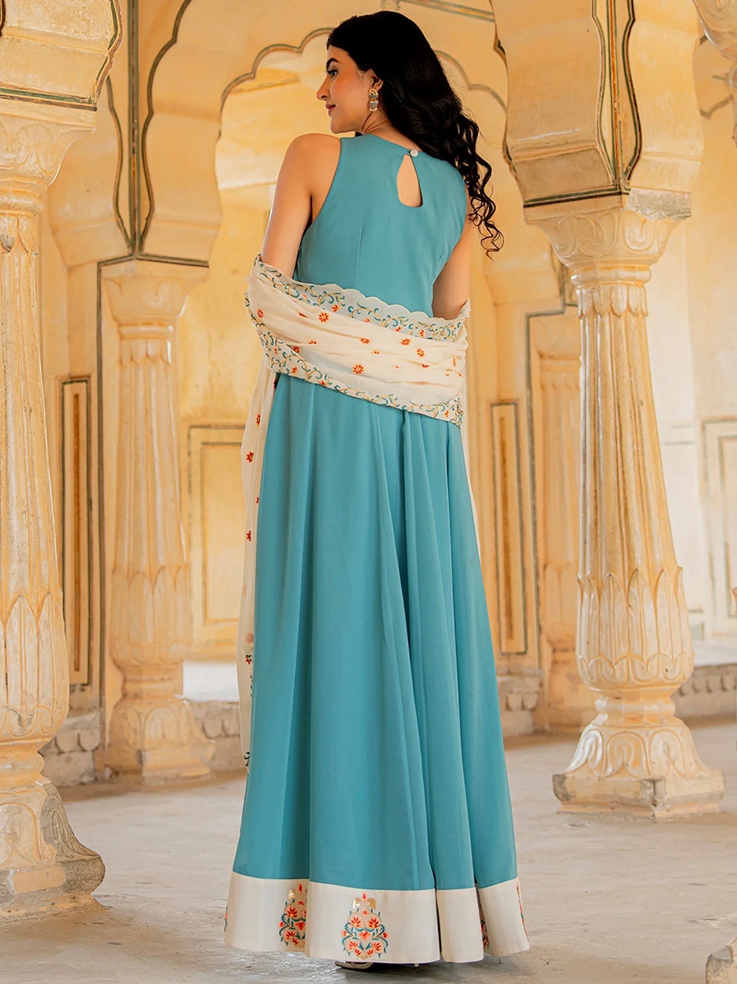 Blue Embroidered Georgette Festive Wear Gown With Dupatta for Women