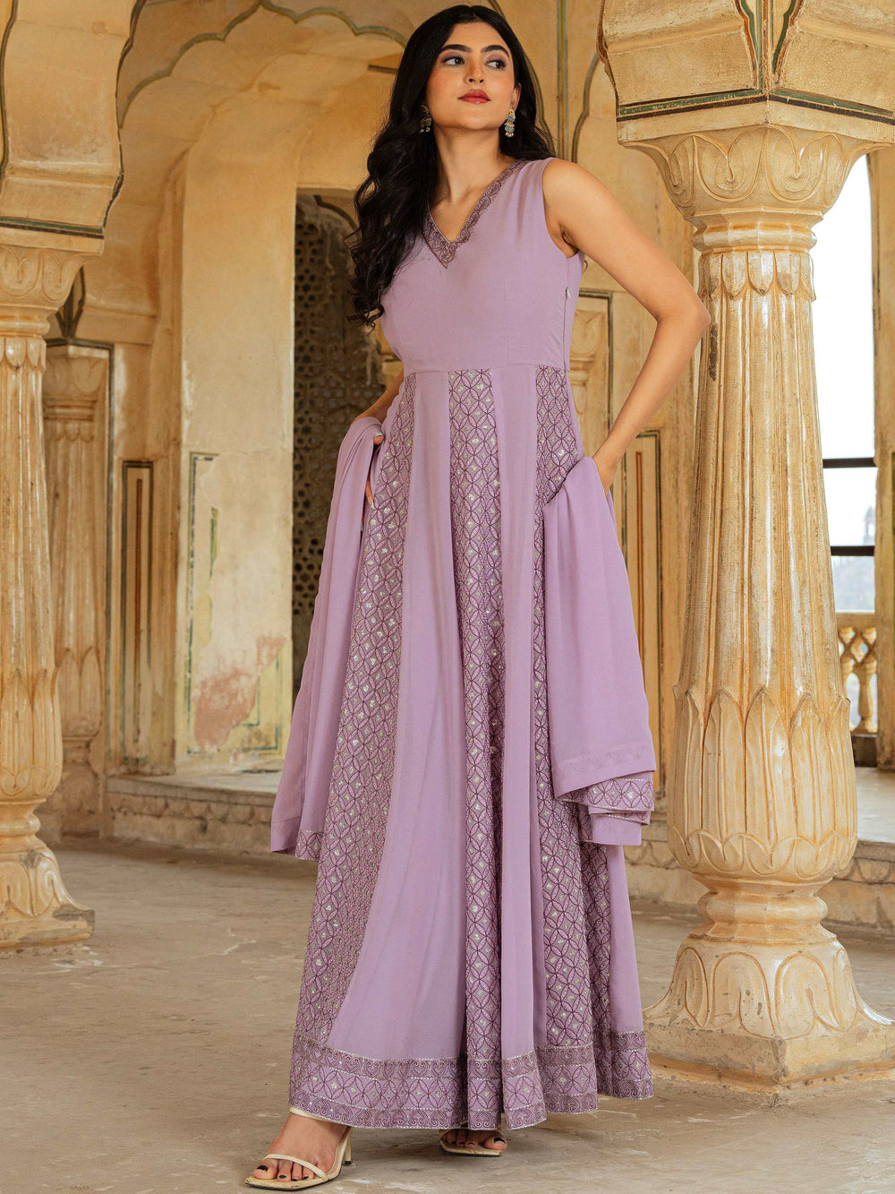 Lavender Embroidered Georgette Festive Wear Gown With Dupatta for Women