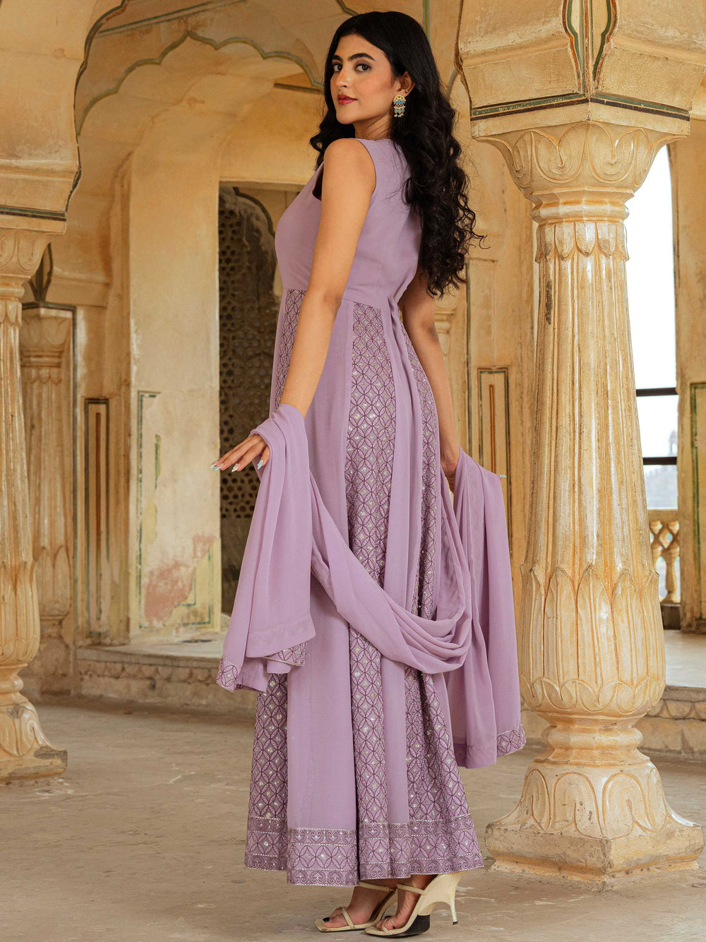 Lavender Embroidered Georgette Festive Wear Gown With Dupatta for Women